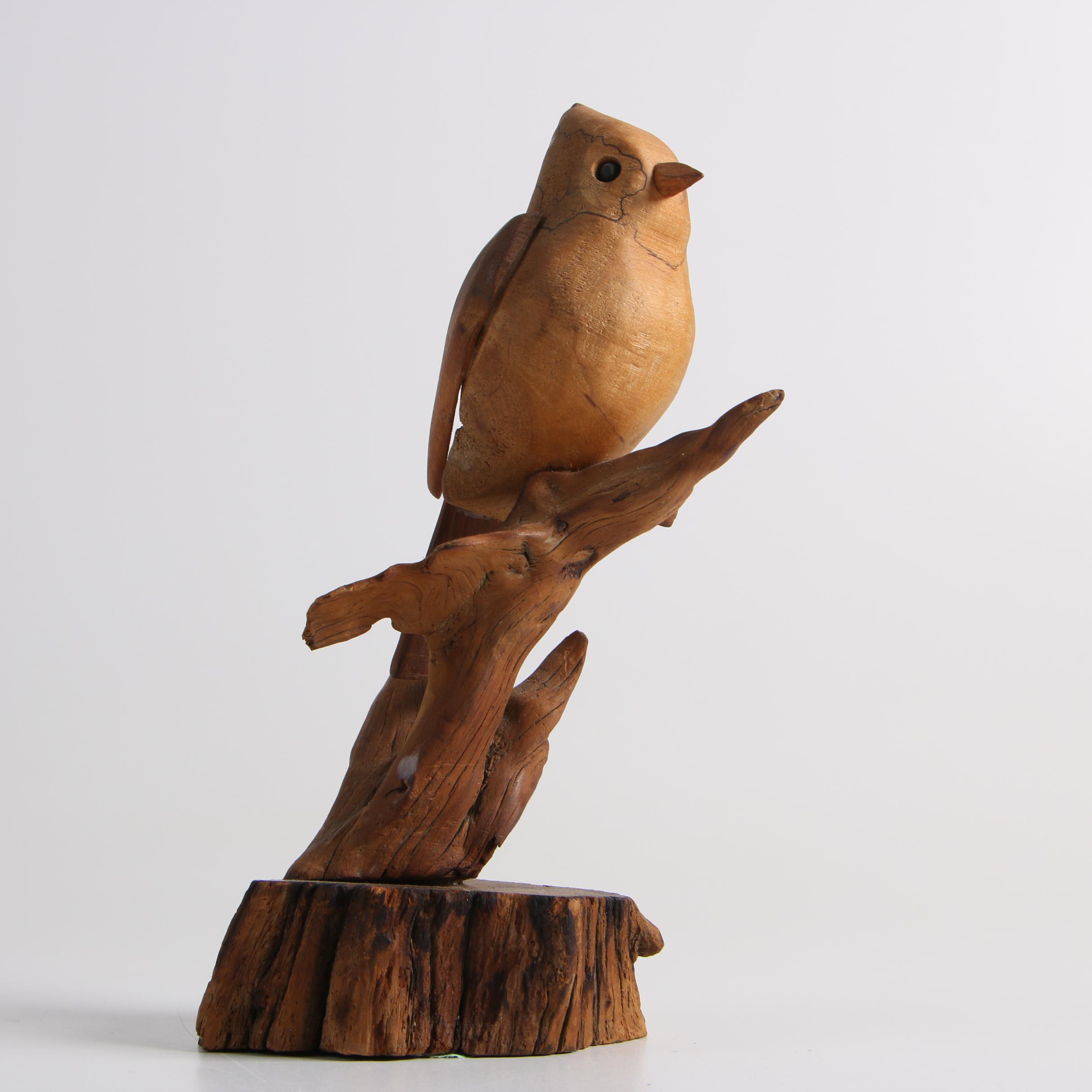 Folk Art Carved Shore Bird and John Nelson Carved Bird on Driftwood Branch