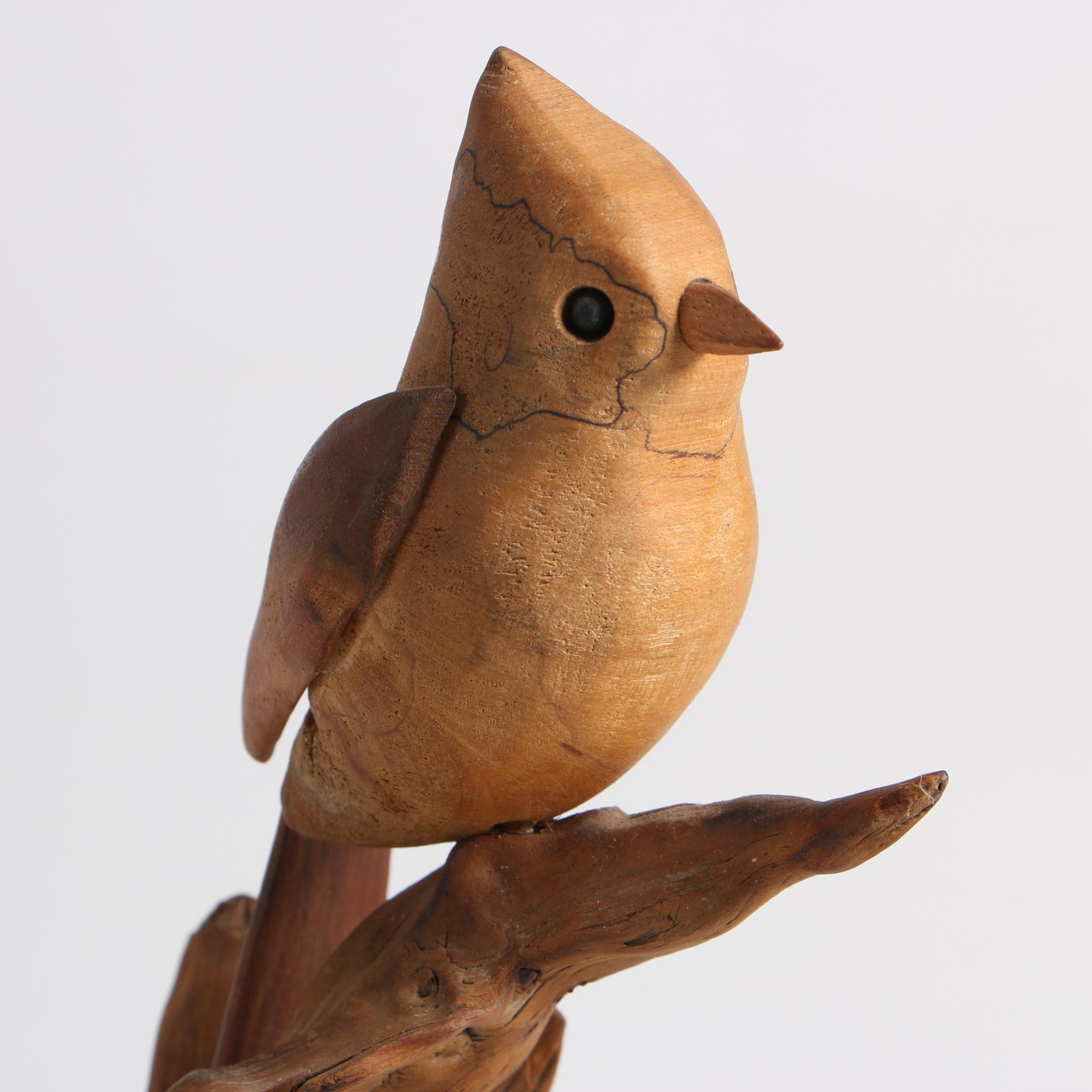 Folk Art Carved Shore Bird and John Nelson Carved Bird on Driftwood Branch