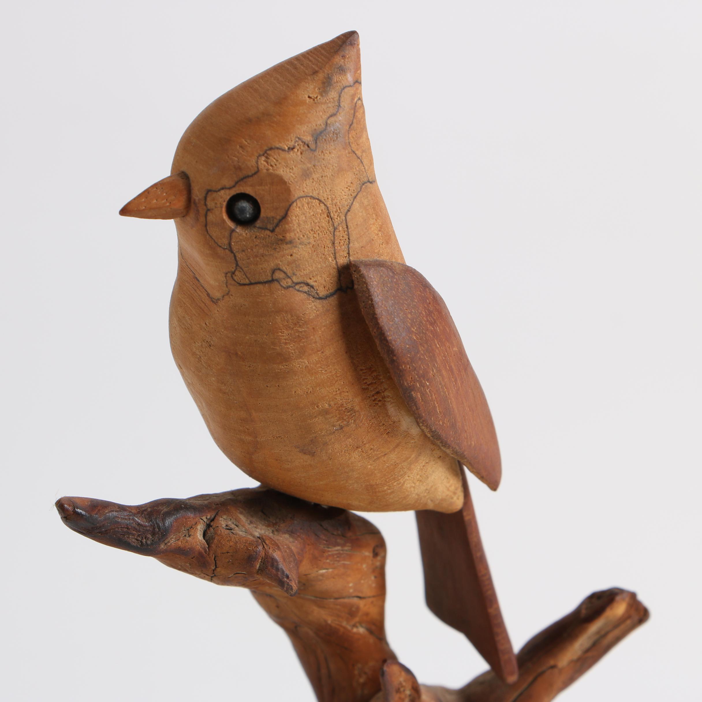 Folk Art Carved Shore Bird and John Nelson Carved Bird on Driftwood Branch