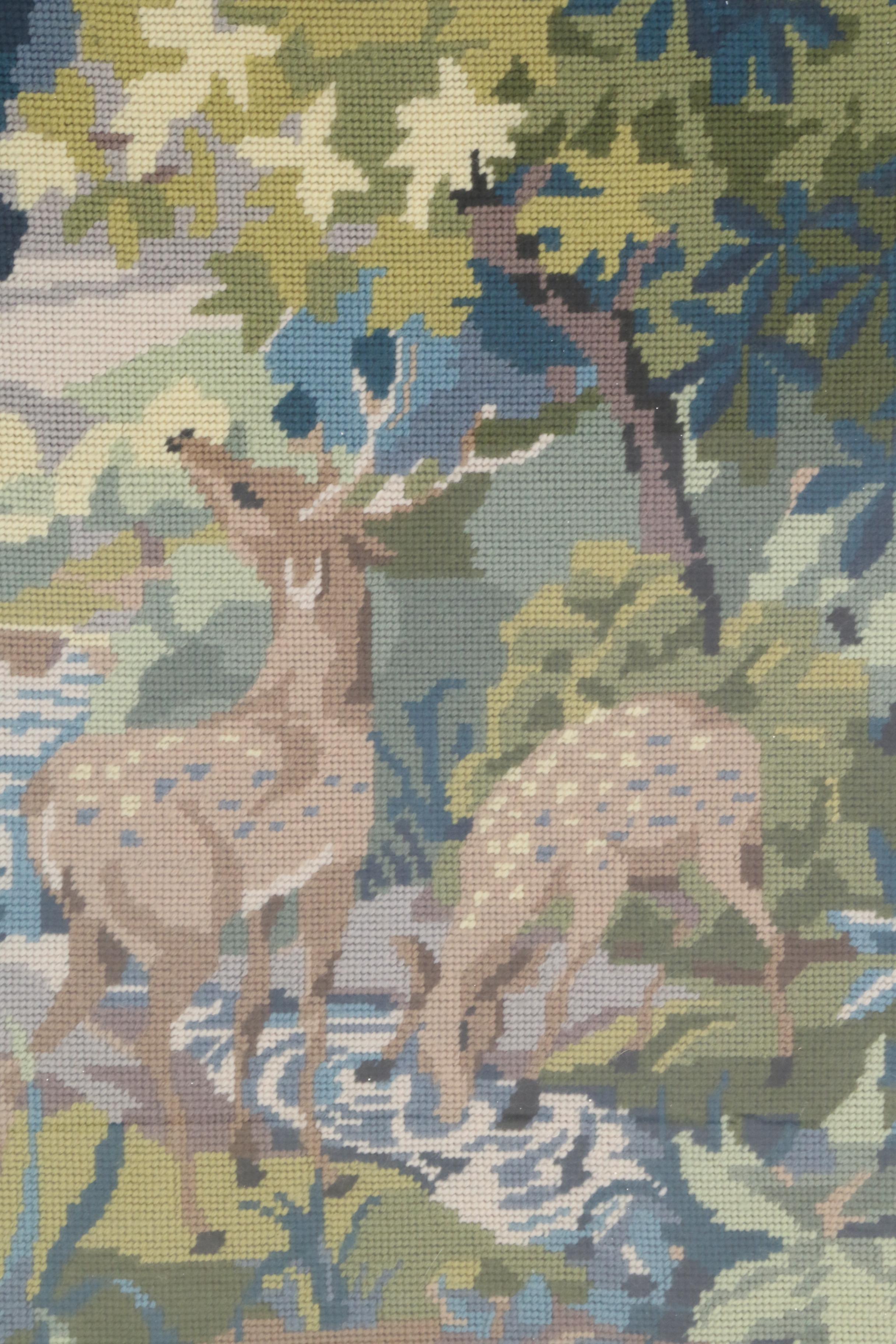 Needlepoint Fireplace Screen of Deer in a Mahogany and Glass Frame