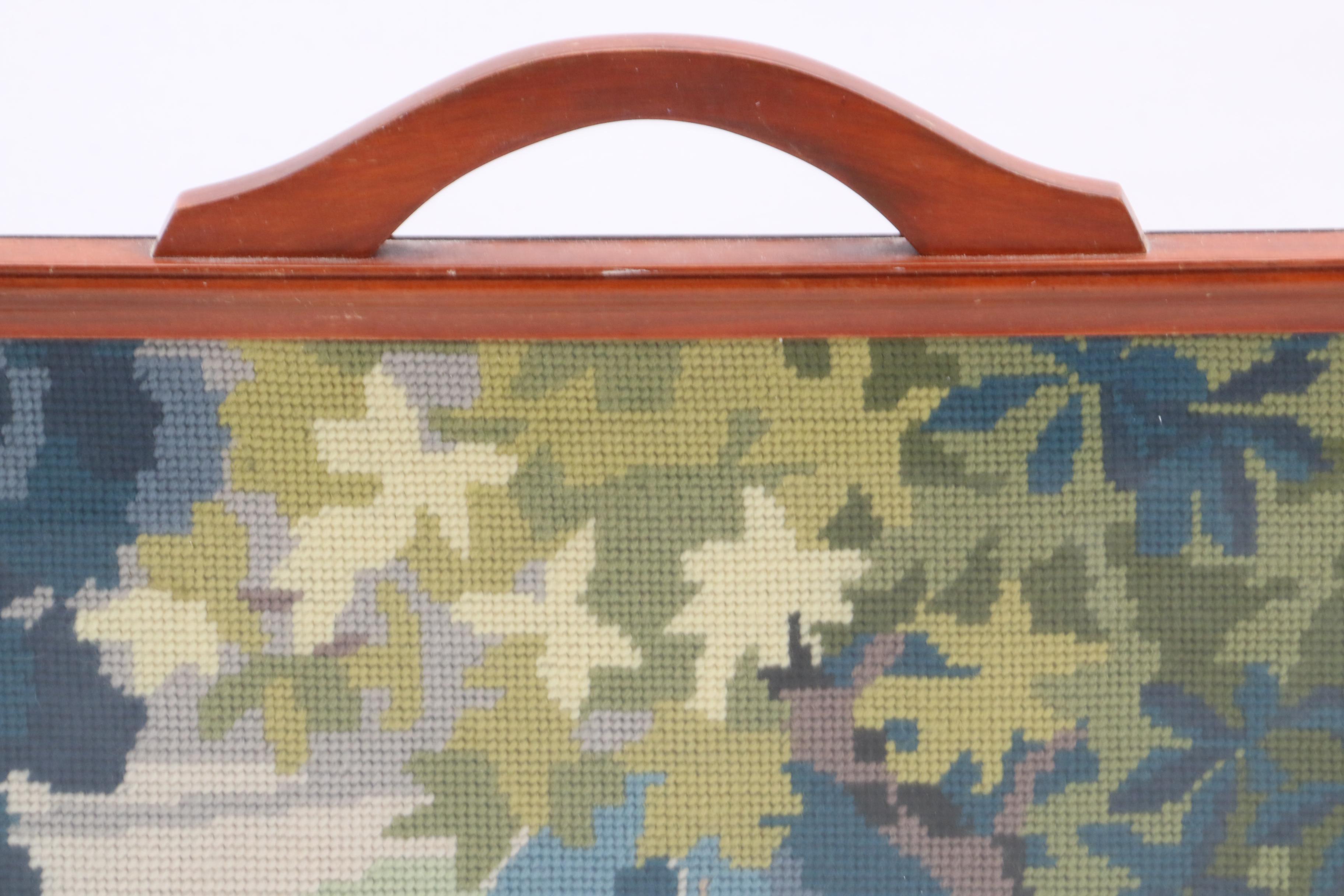 Needlepoint Fireplace Screen of Deer in a Mahogany and Glass Frame