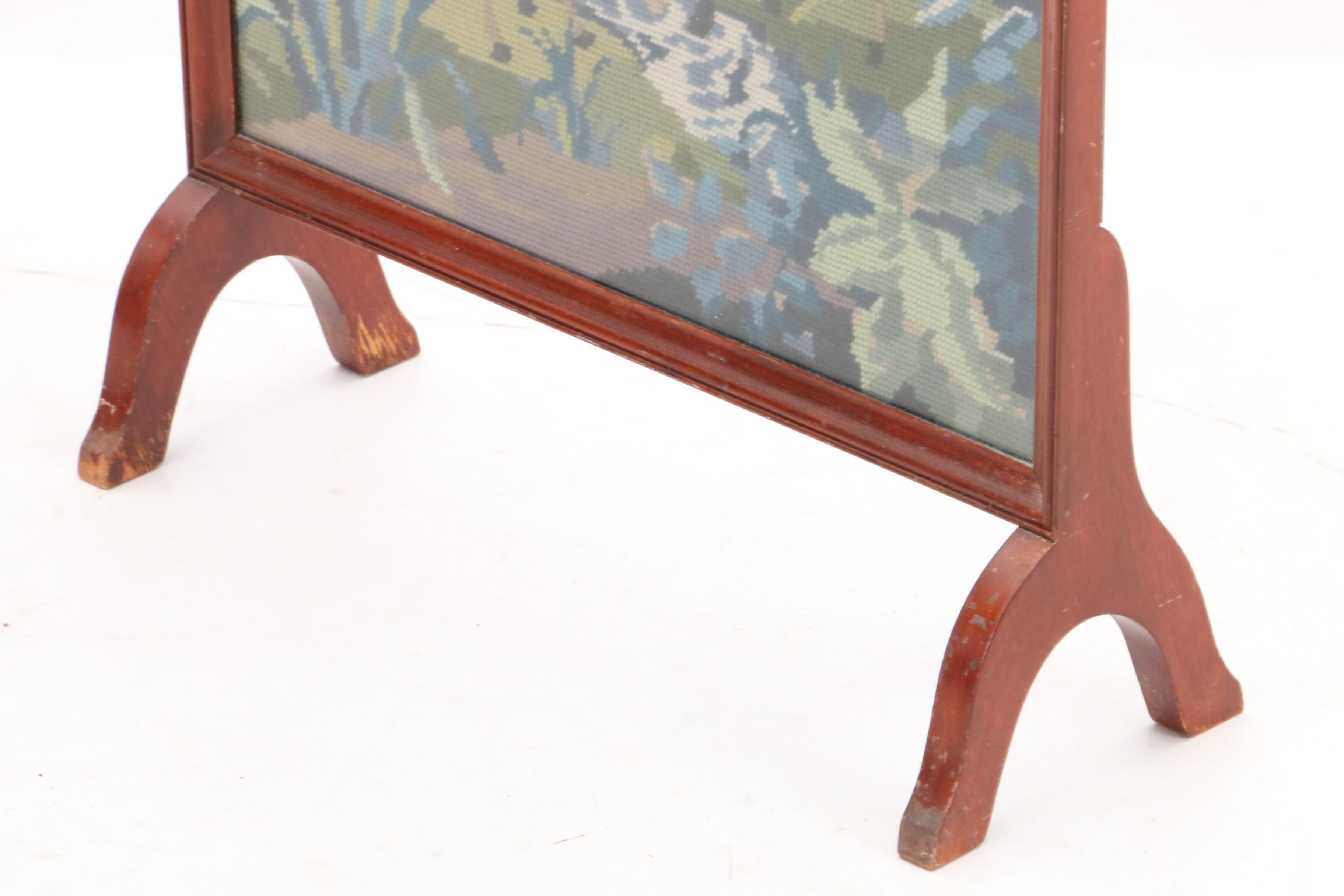 Needlepoint Fireplace Screen of Deer in a Mahogany and Glass Frame