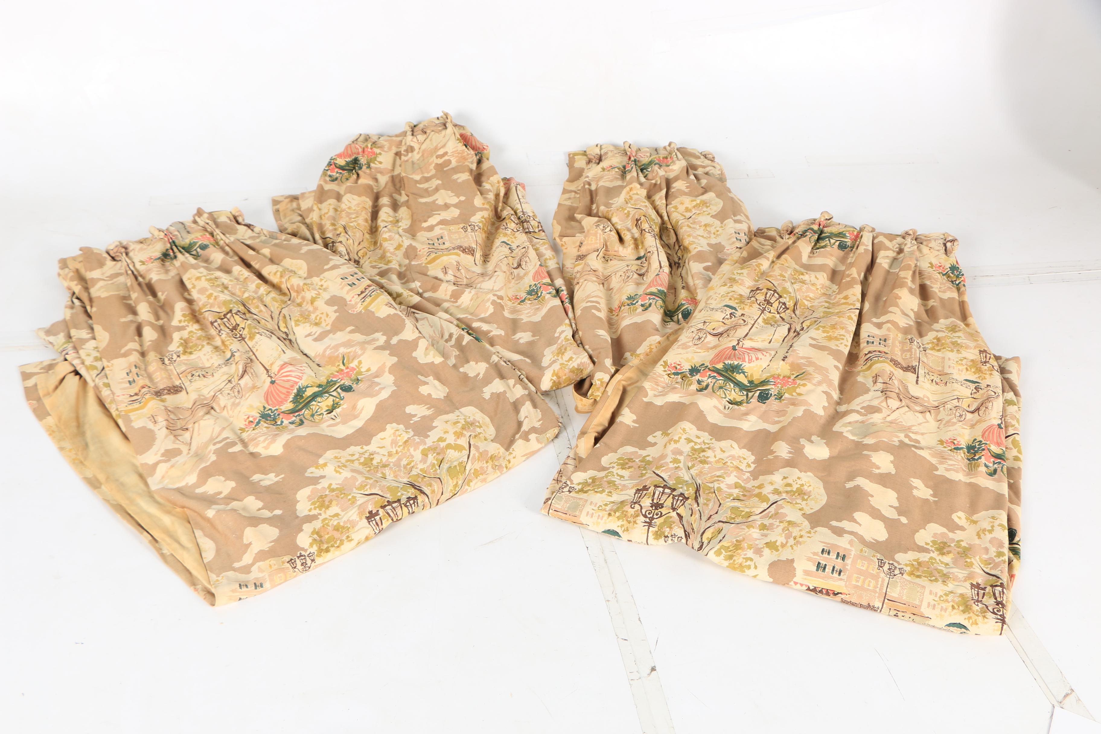 Mid Century Printed Parisian Scene Pinch Pleat Drapes