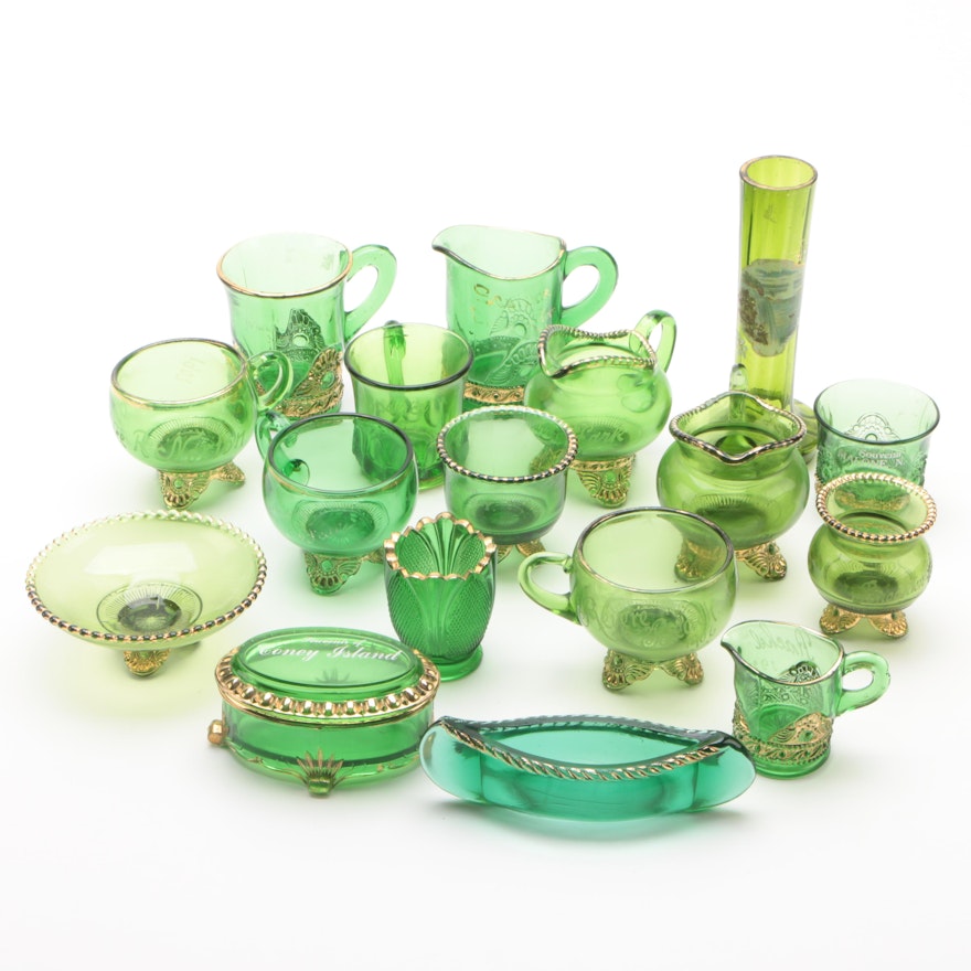 Group of Seventeen New York State Souvenir Green Glass Table Articles