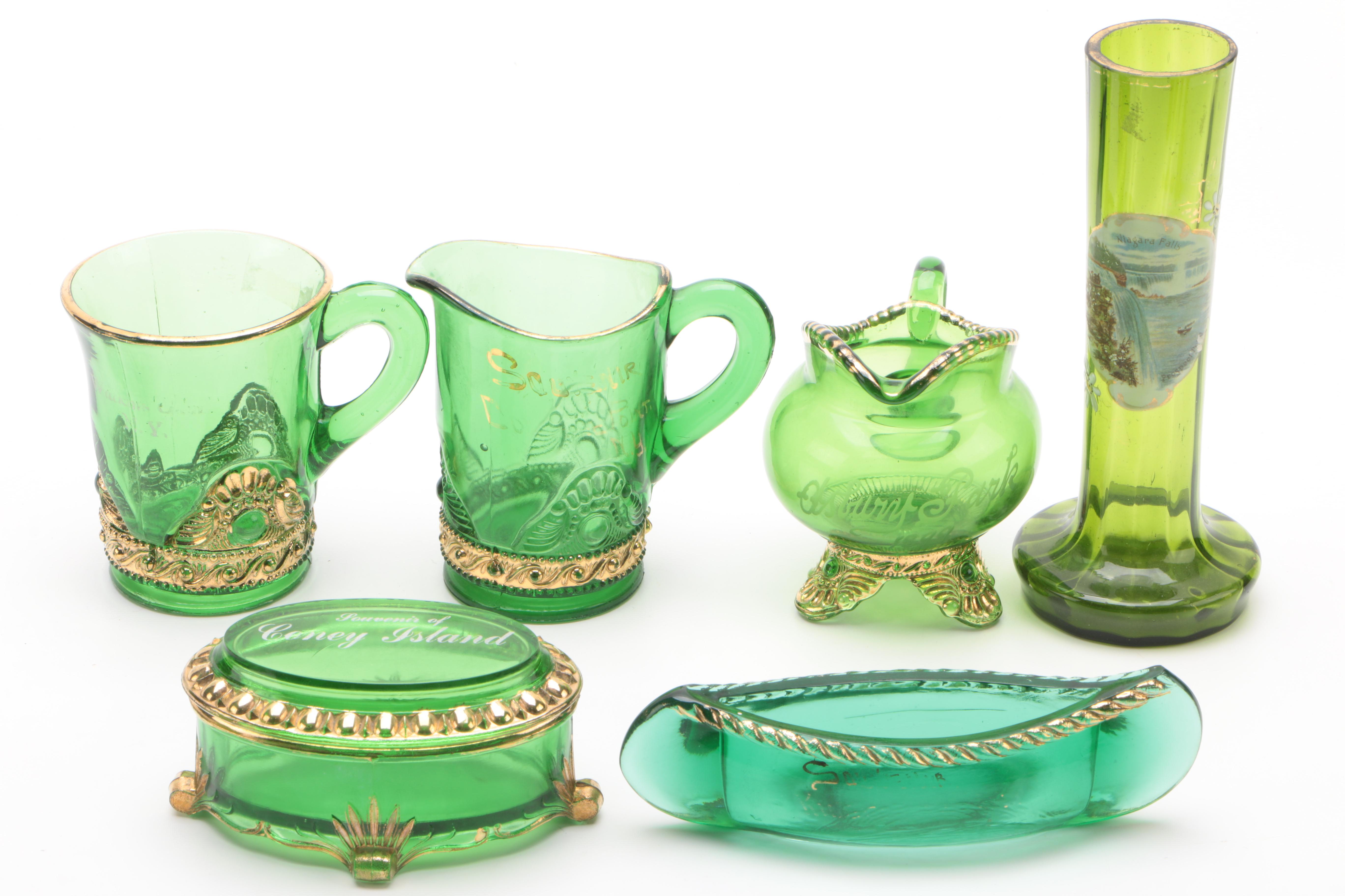 Group of Seventeen New York State Souvenir Green Glass Table Articles