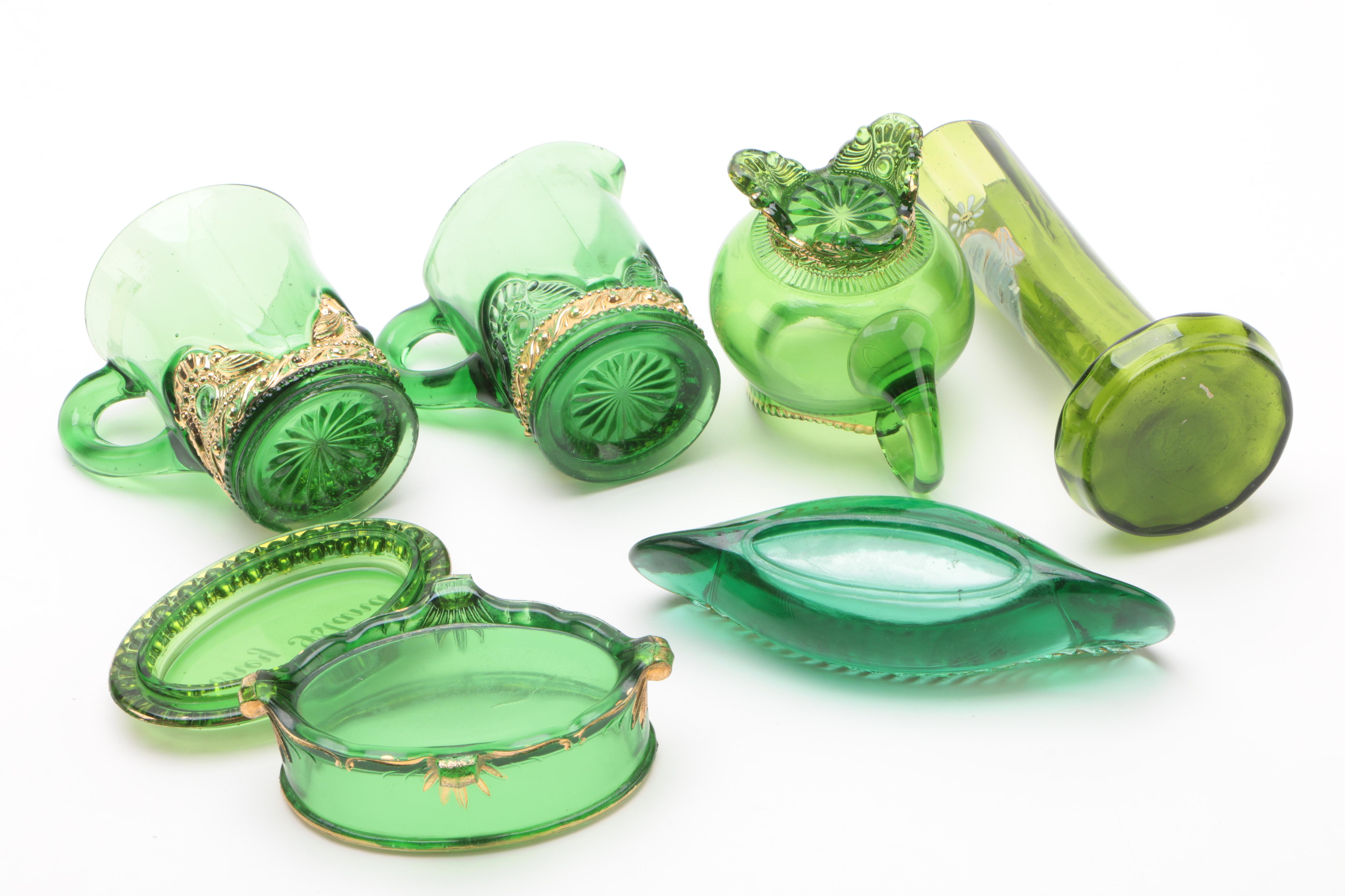 Group of Seventeen New York State Souvenir Green Glass Table Articles