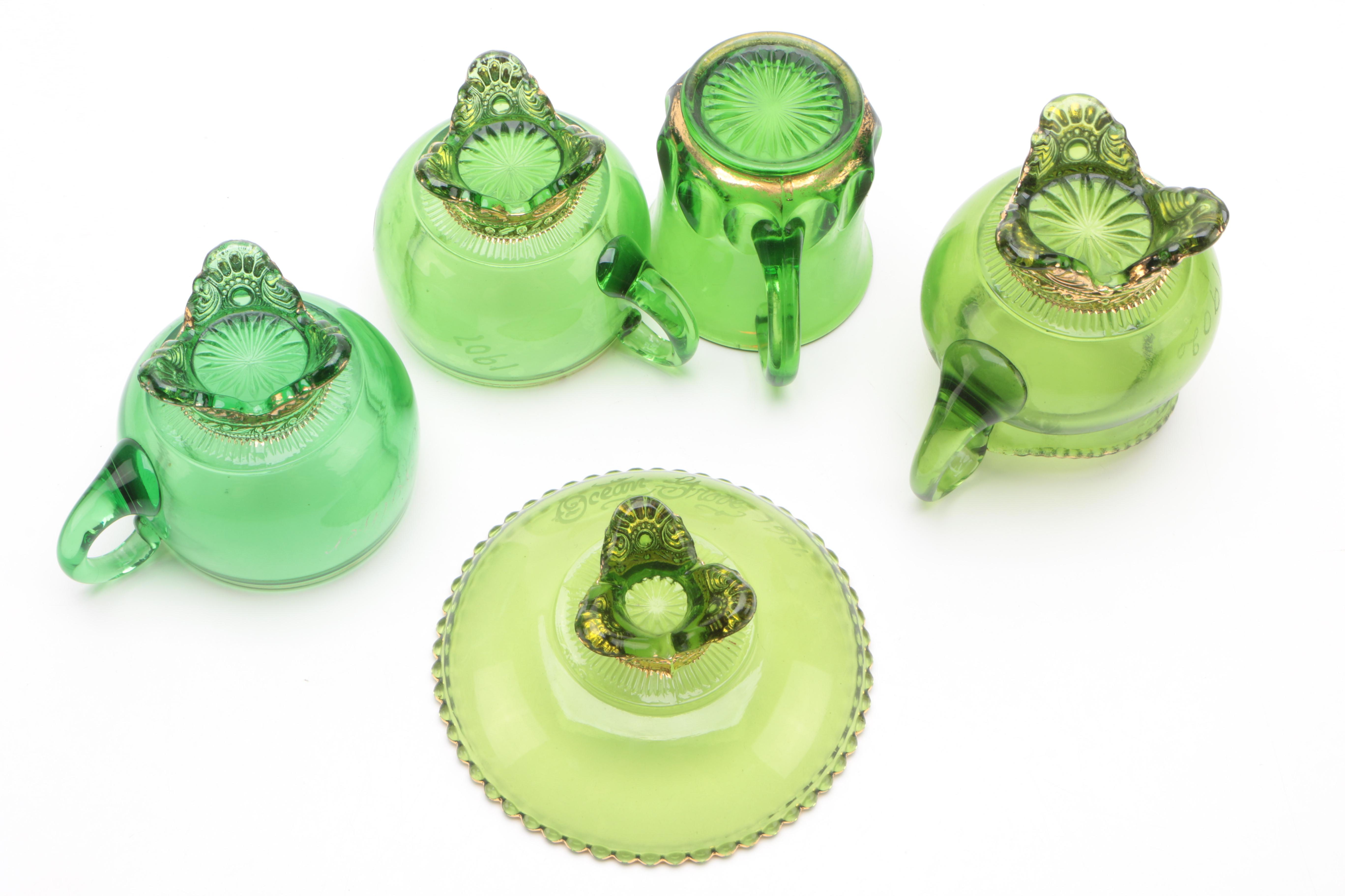 Group of Seventeen New York State Souvenir Green Glass Table Articles