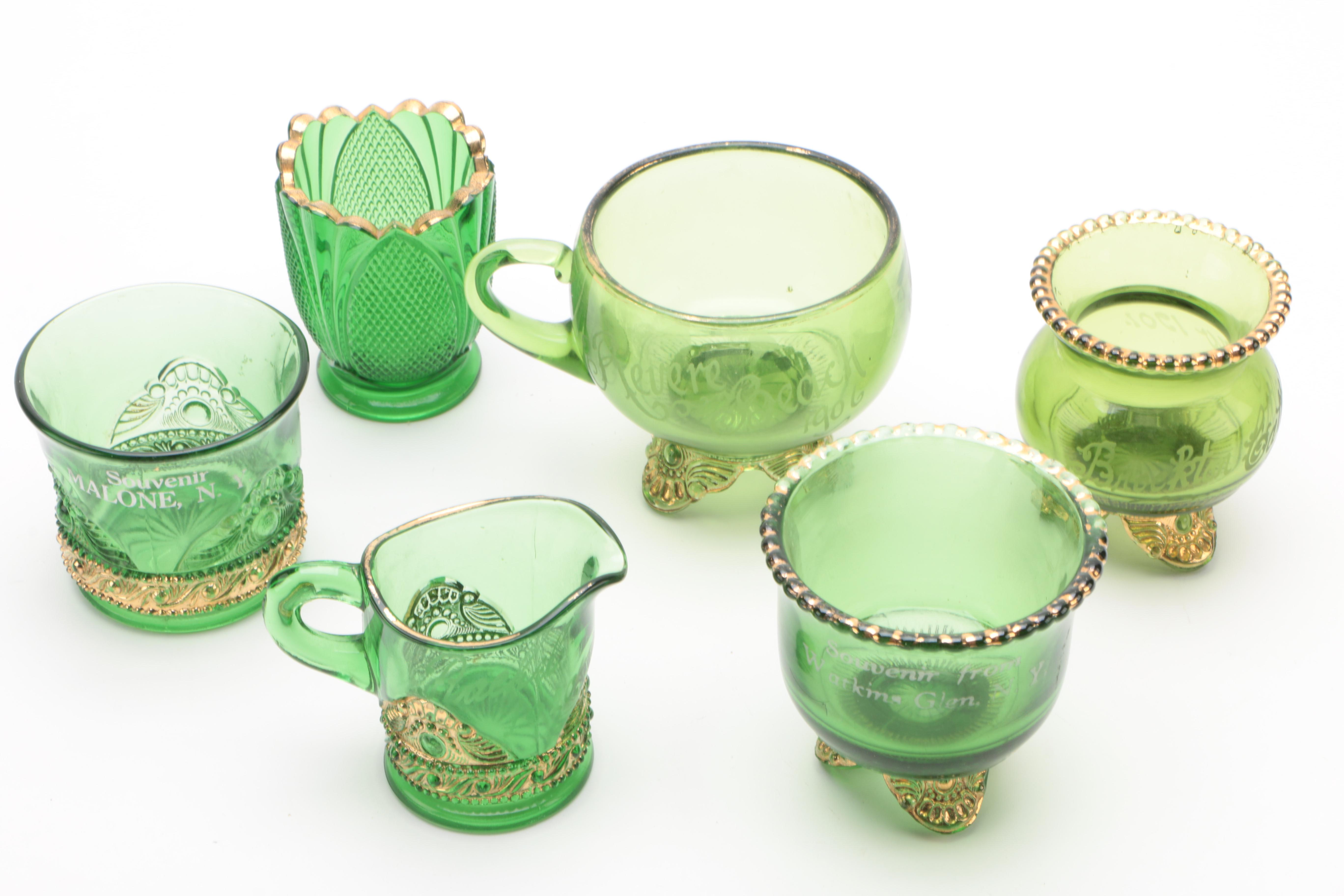 Group of Seventeen New York State Souvenir Green Glass Table Articles