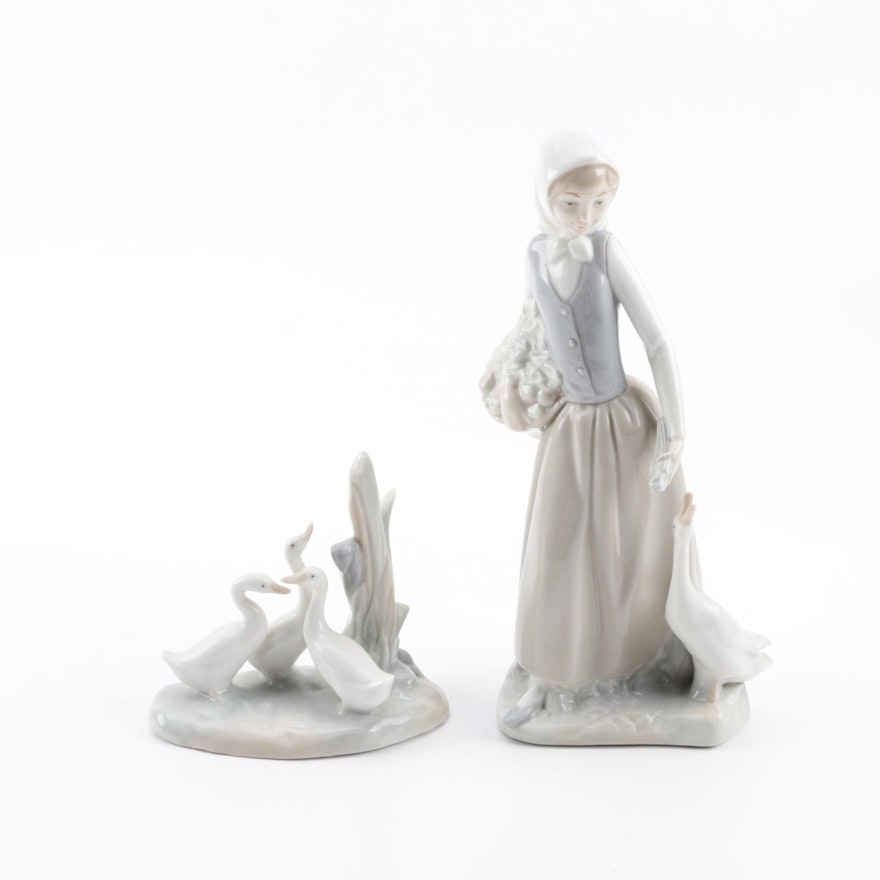 NAO by Lladró "Girl Feeding Goose" and "Group of Ducks" Porcelain Figurines