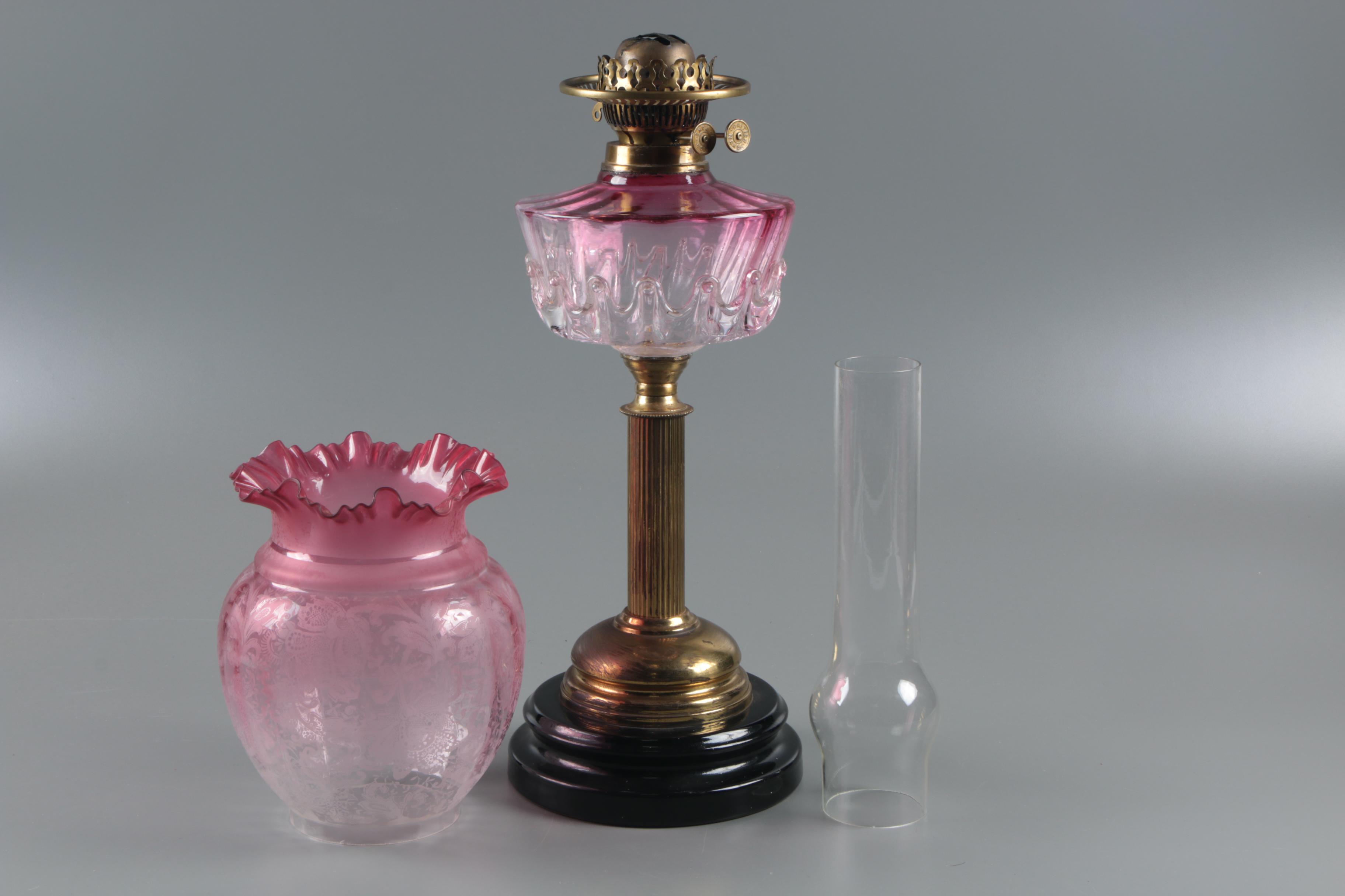 Victorian Cranberry Glass and Brass Kerosene Table Lamp and Shade