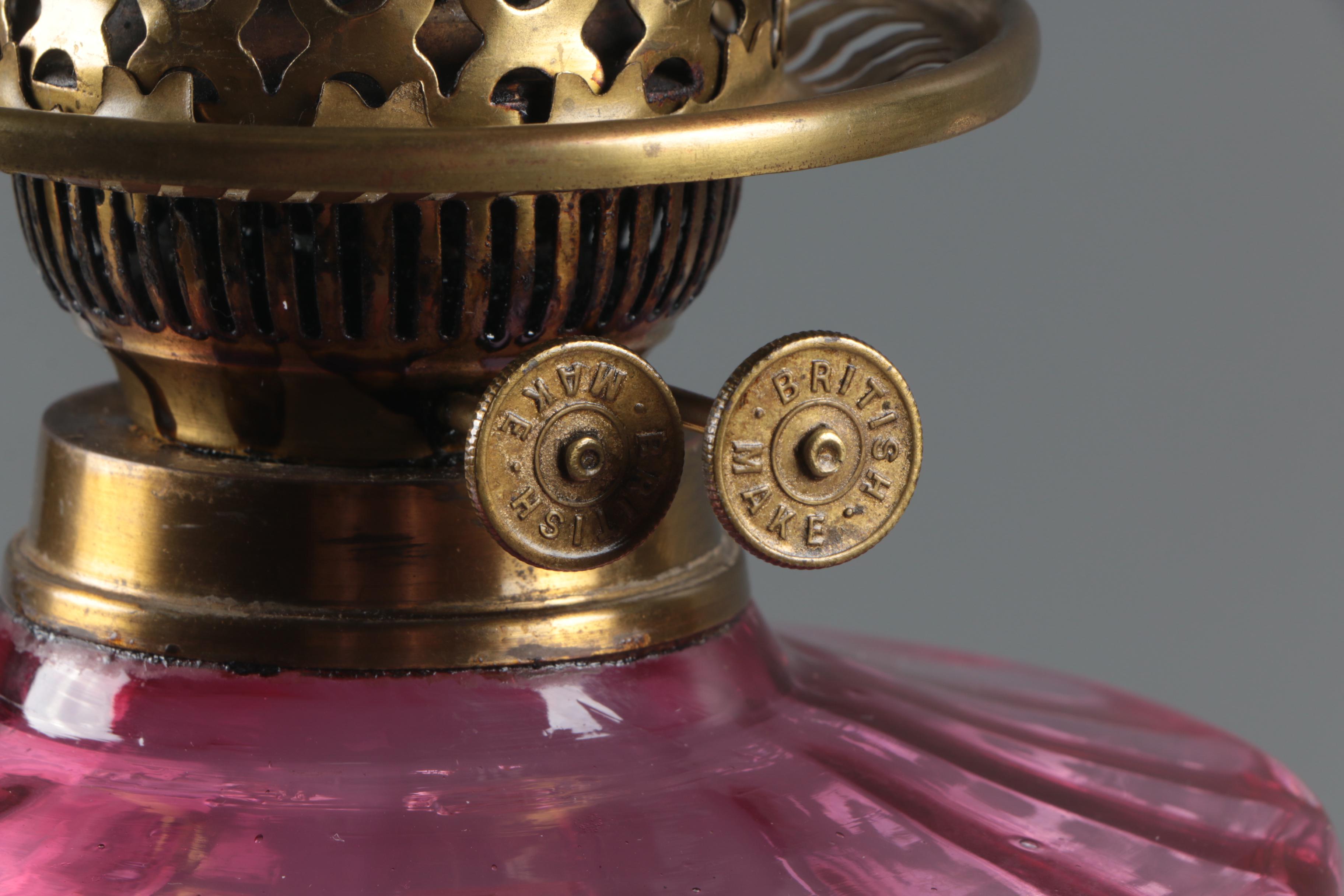 Victorian Cranberry Glass and Brass Kerosene Table Lamp and Shade