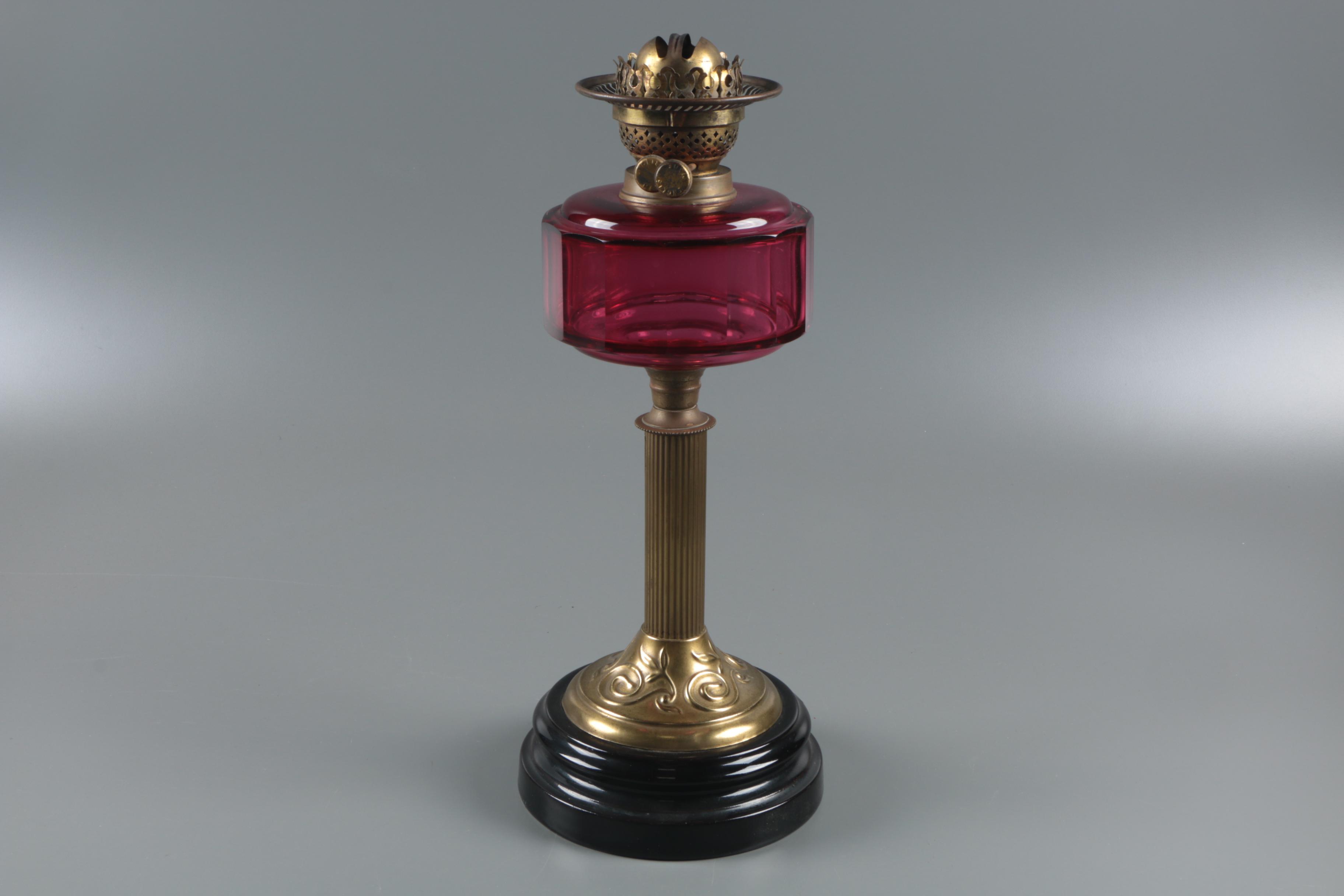 Victorian Cranberry Glass and Brass Kerosene Table Lamp and Shade, 19th Century