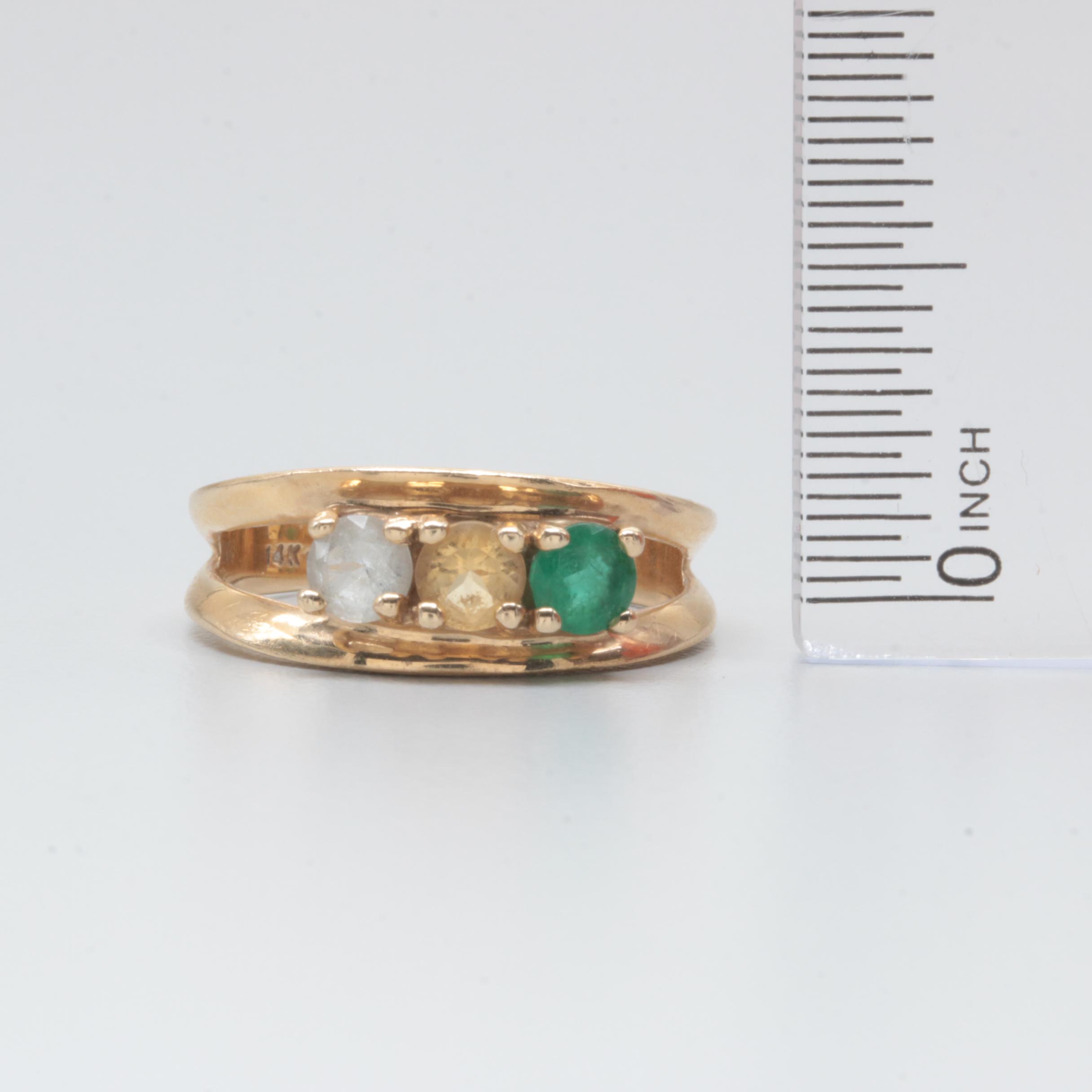 14K Yellow Gold Emerald, Citrine and Blue Topaz Ring