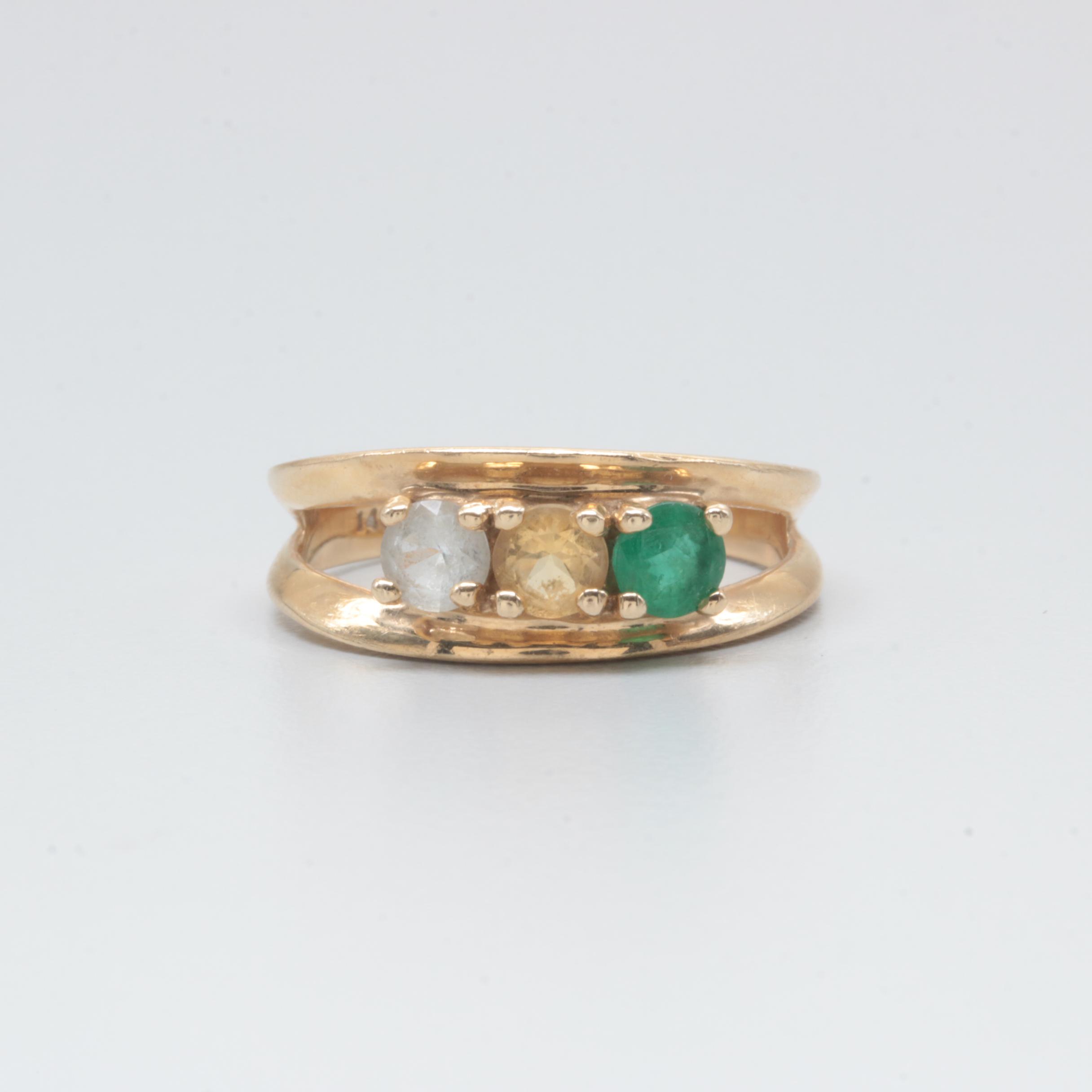 14K Yellow Gold Emerald, Citrine and Blue Topaz Ring