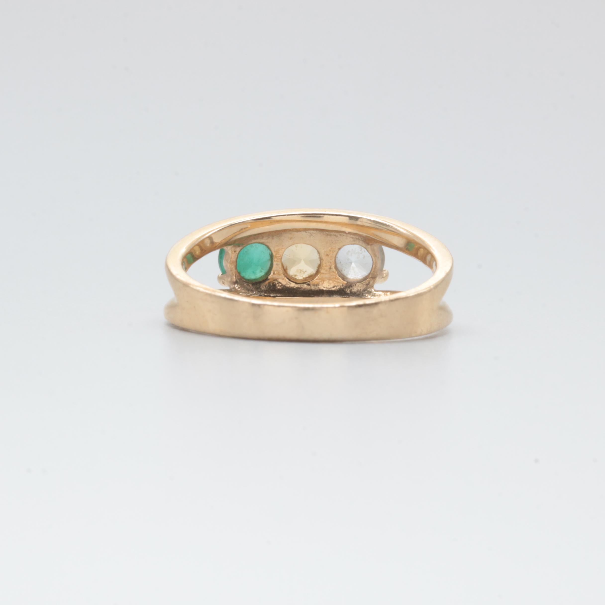 14K Yellow Gold Emerald, Citrine and Blue Topaz Ring