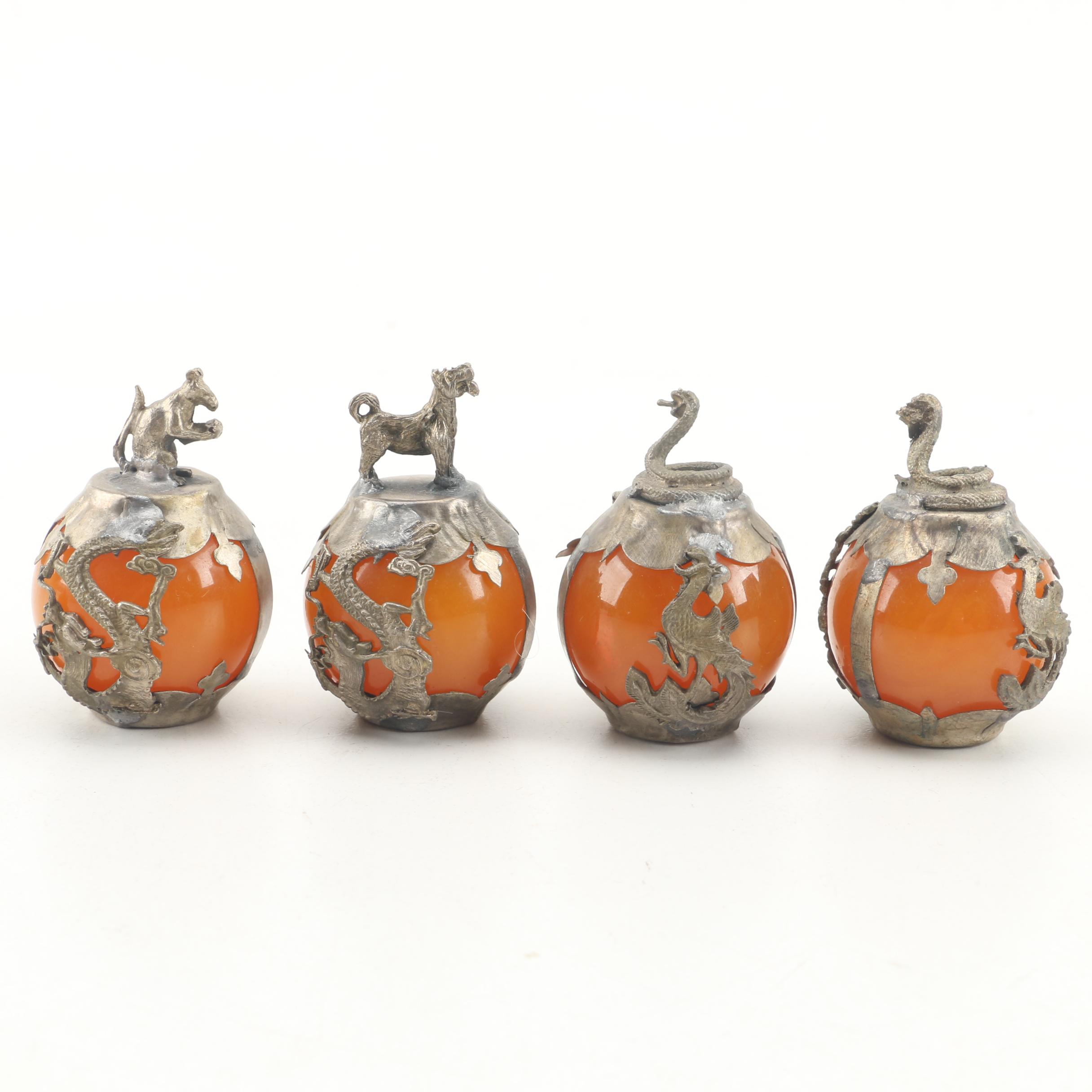 Chinese Brass and Orange Glass Figural Orbs