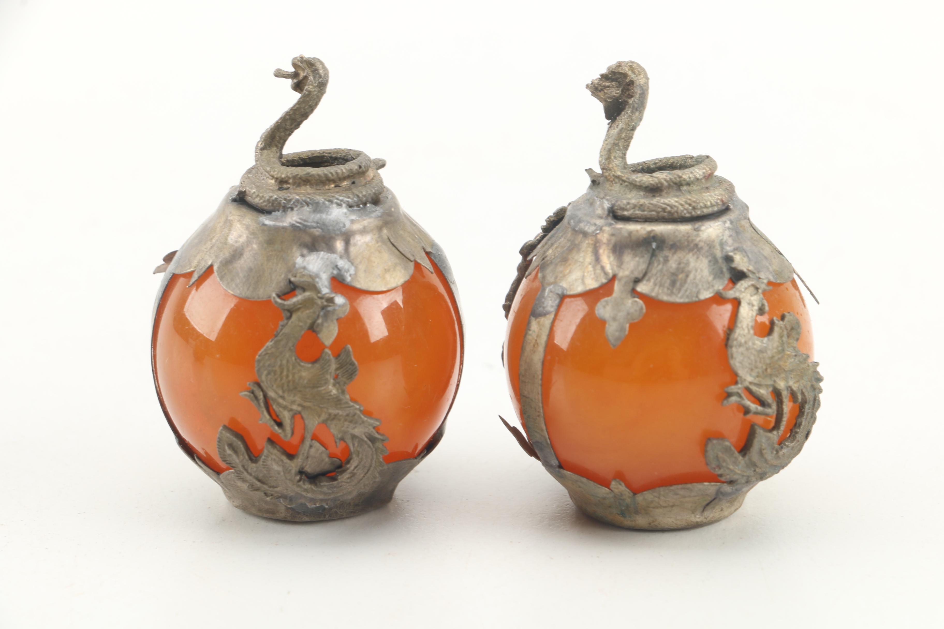 Chinese Brass and Orange Glass Figural Orbs