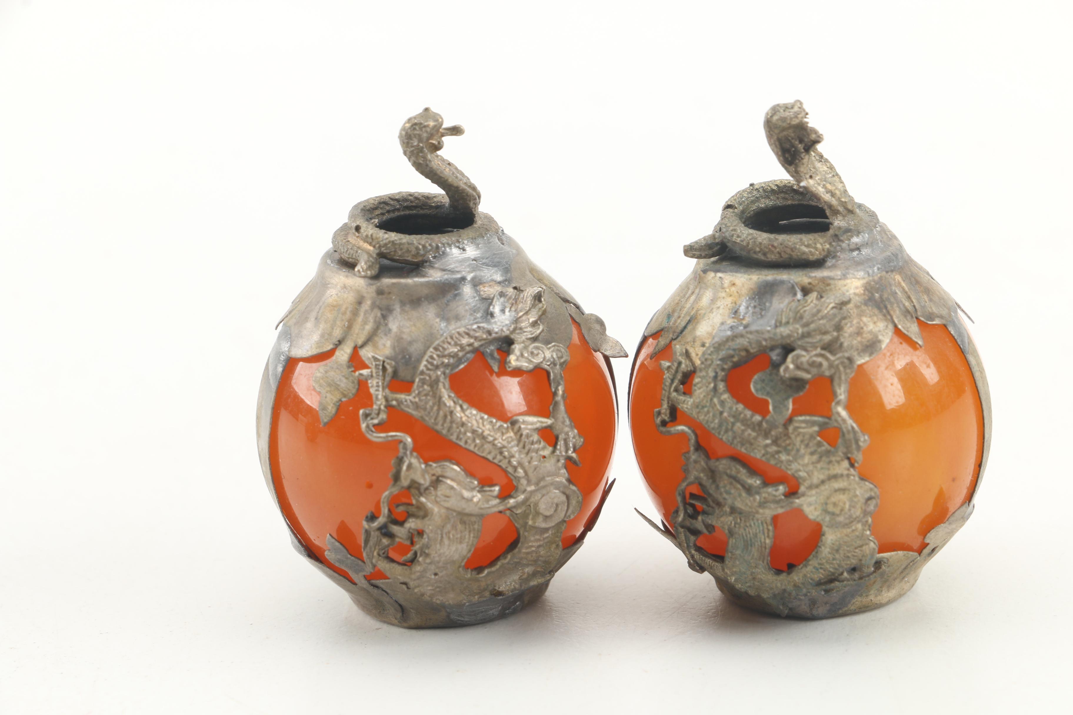 Chinese Brass and Orange Glass Figural Orbs