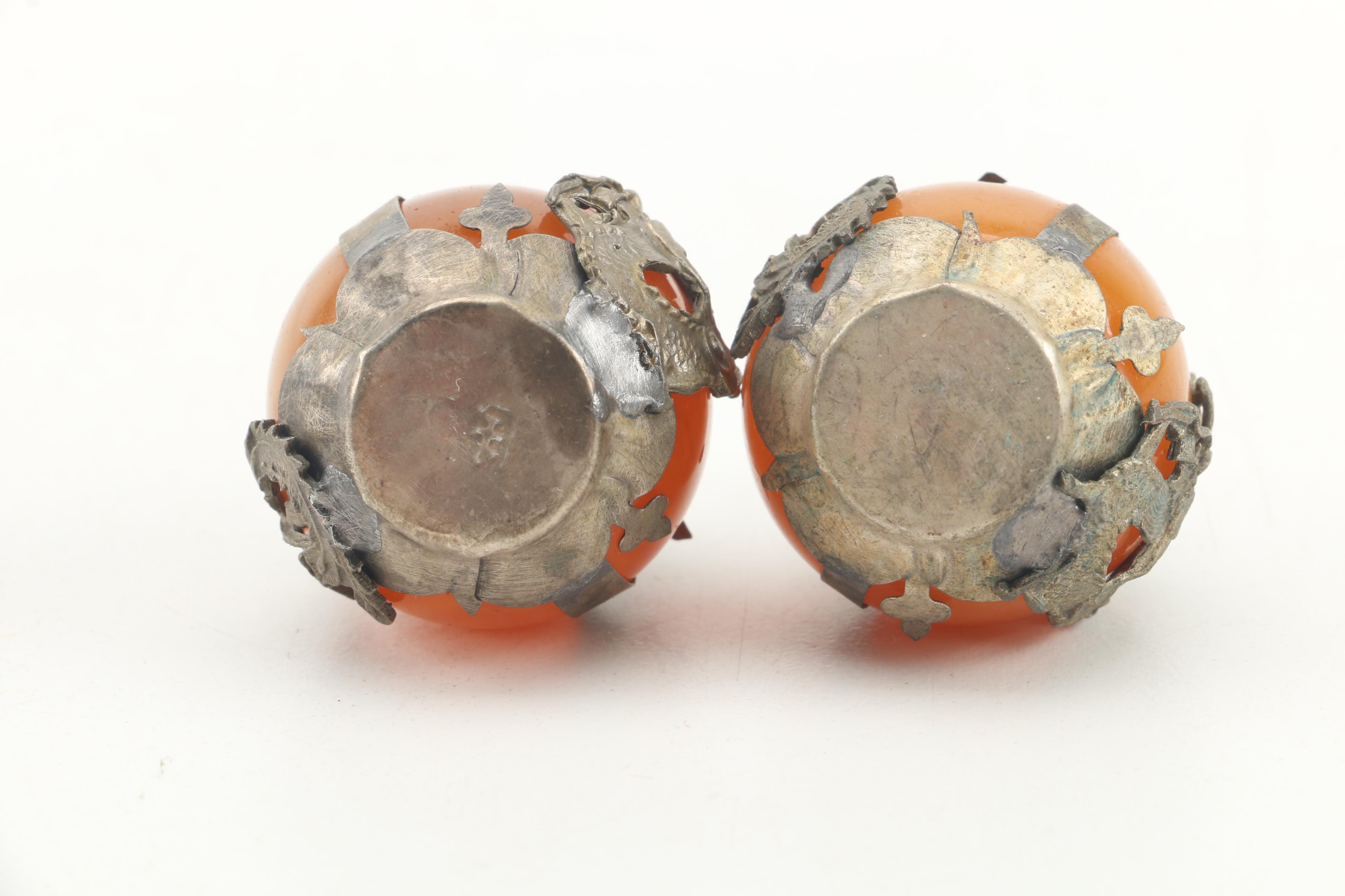 Chinese Brass and Orange Glass Figural Orbs