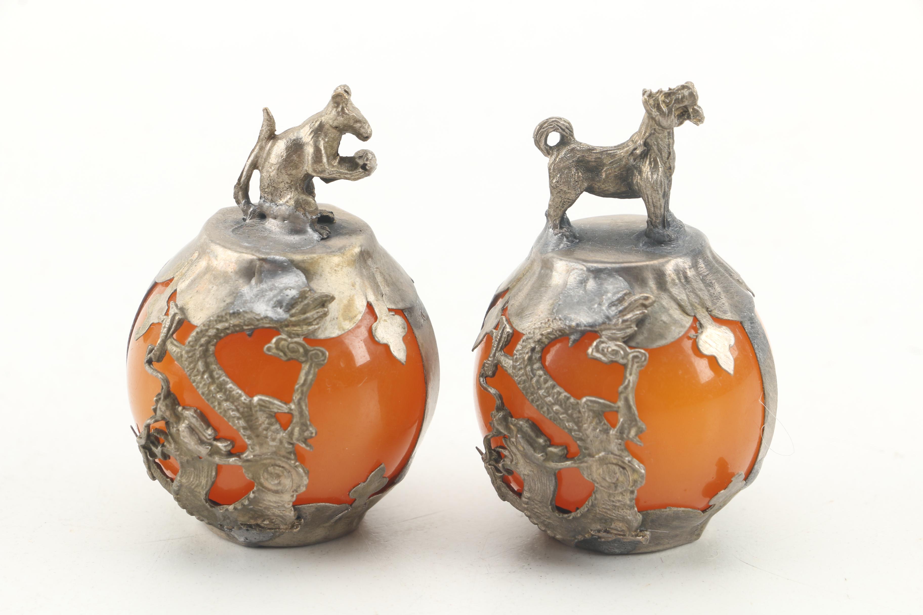 Chinese Brass and Orange Glass Figural Orbs