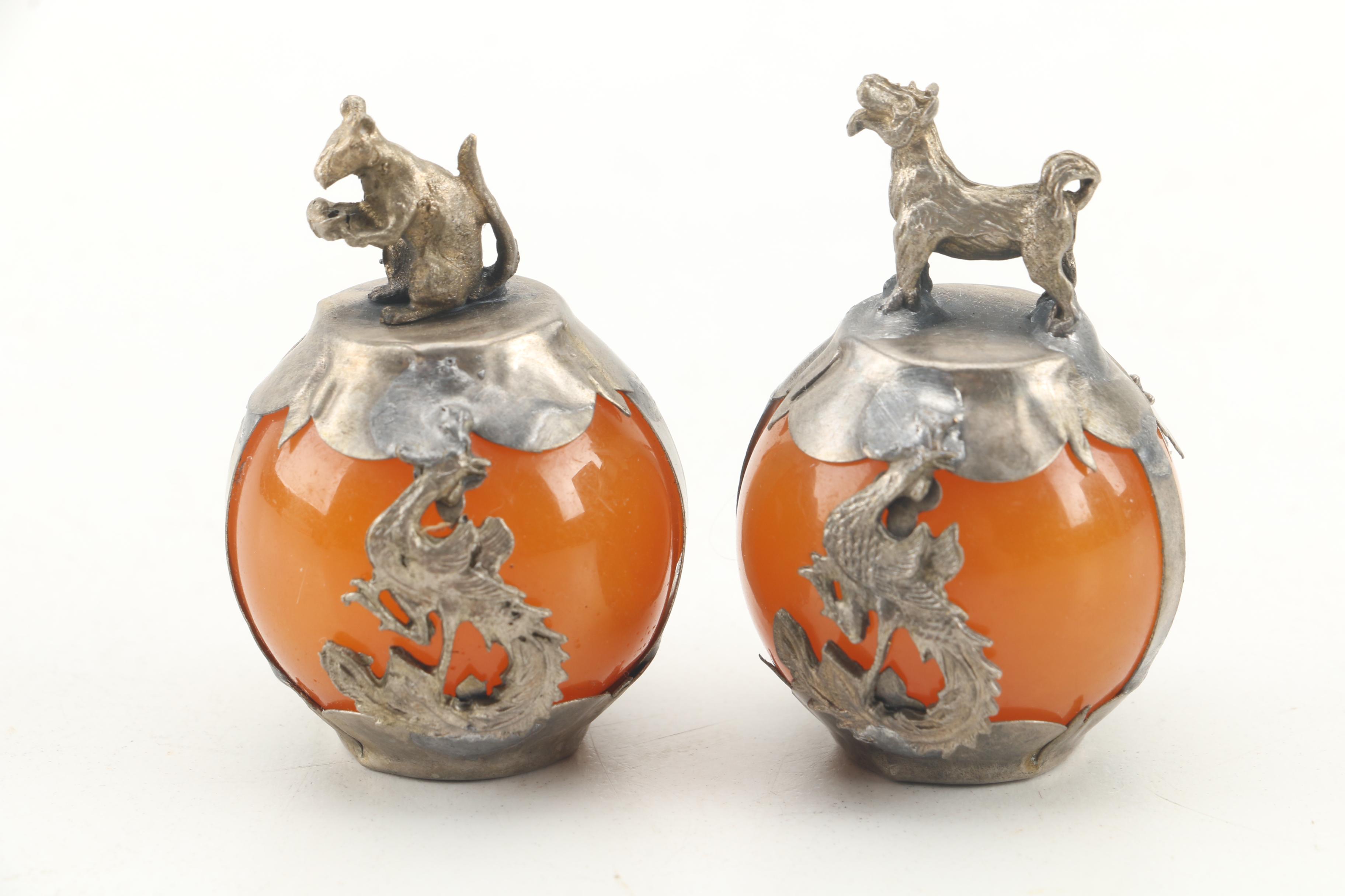 Chinese Brass and Orange Glass Figural Orbs