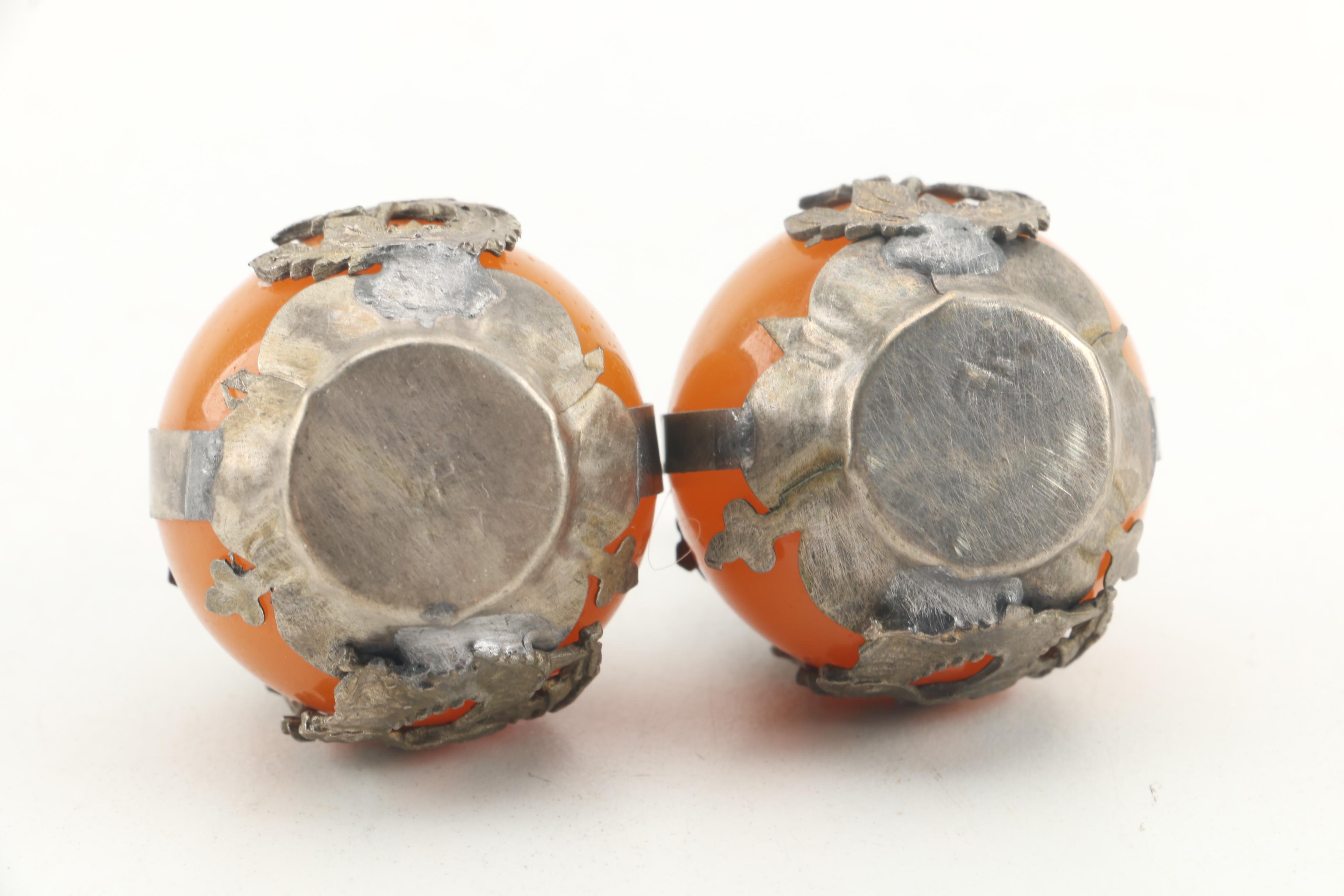 Chinese Brass and Orange Glass Figural Orbs