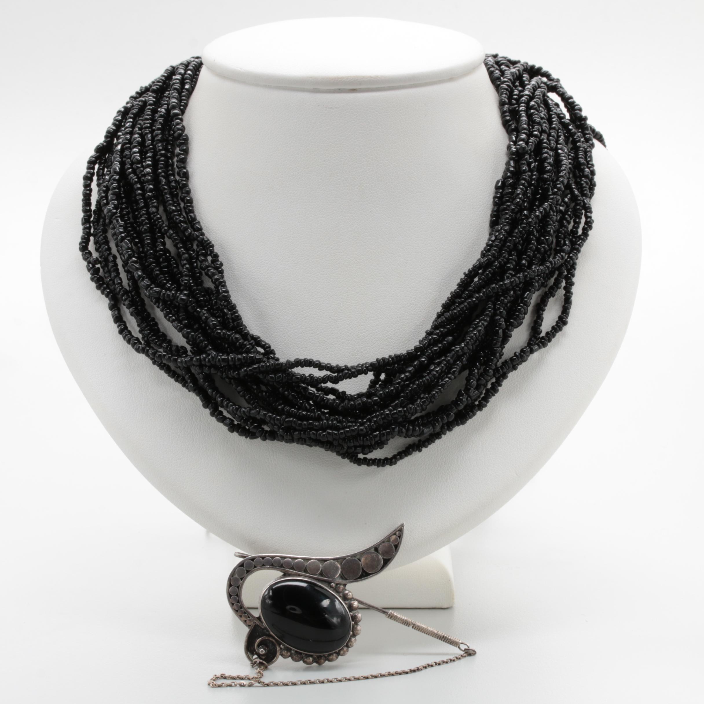 Sterling Silver, 900 Silver and Silver Tone Onyx and Glass Necklace and Brooch