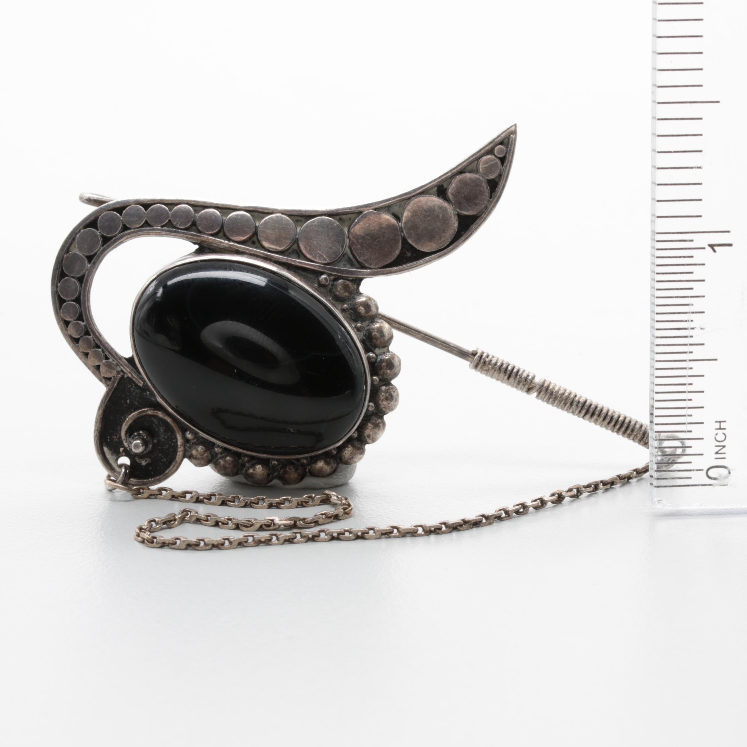 Sterling Silver, 900 Silver and Silver Tone Onyx and Glass Necklace and Brooch