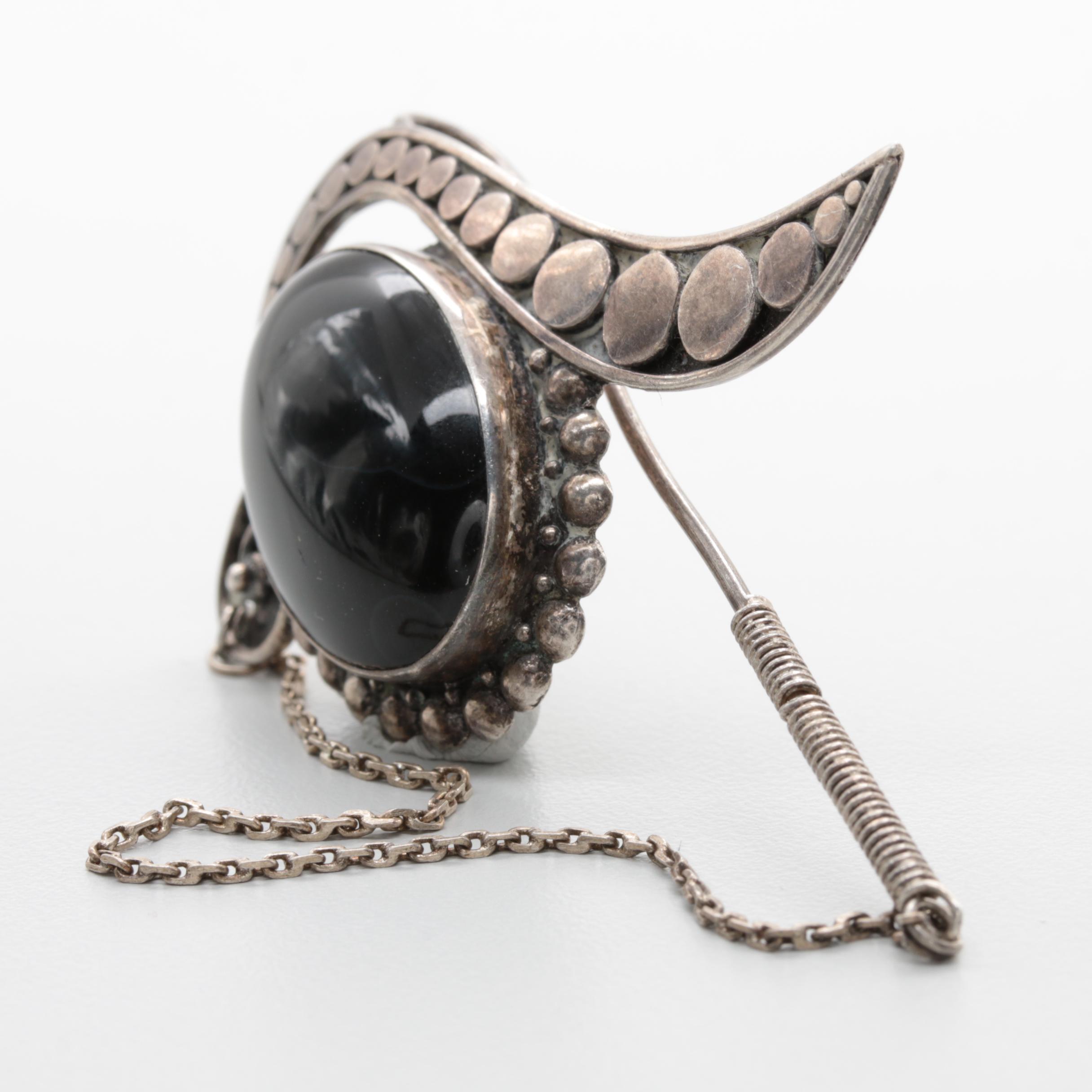 Sterling Silver, 900 Silver and Silver Tone Onyx and Glass Necklace and Brooch