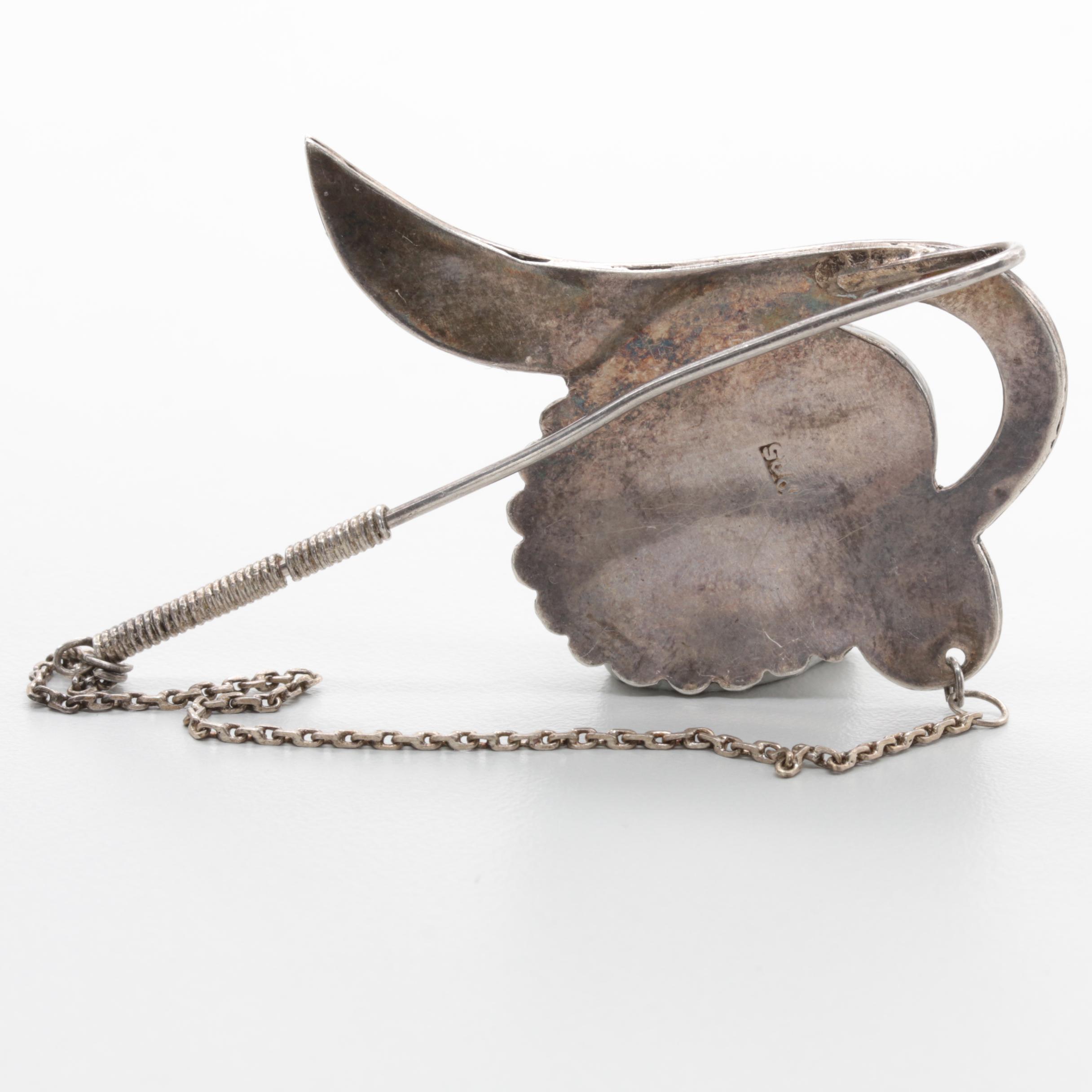 Sterling Silver, 900 Silver and Silver Tone Onyx and Glass Necklace and Brooch