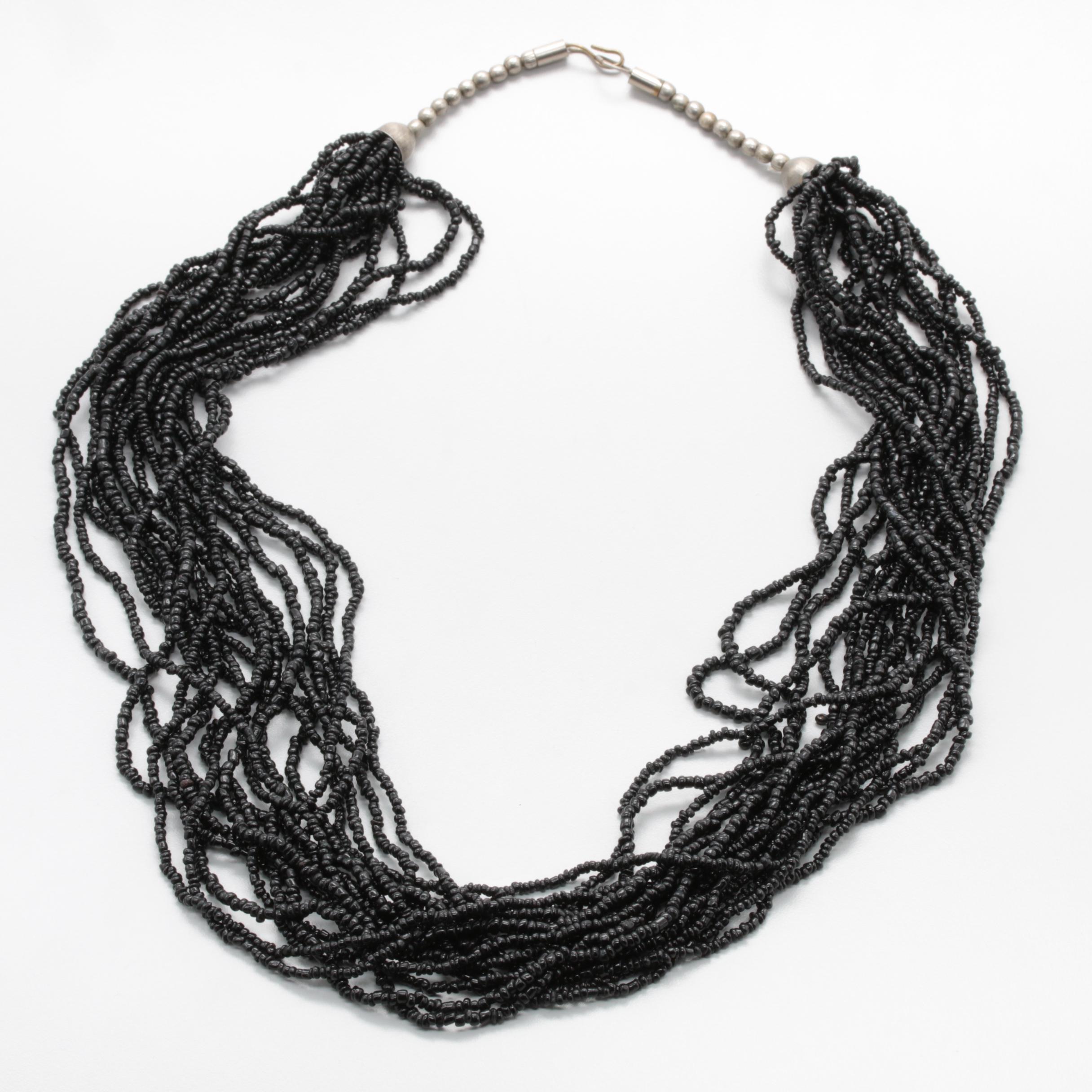 Sterling Silver, 900 Silver and Silver Tone Onyx and Glass Necklace and Brooch