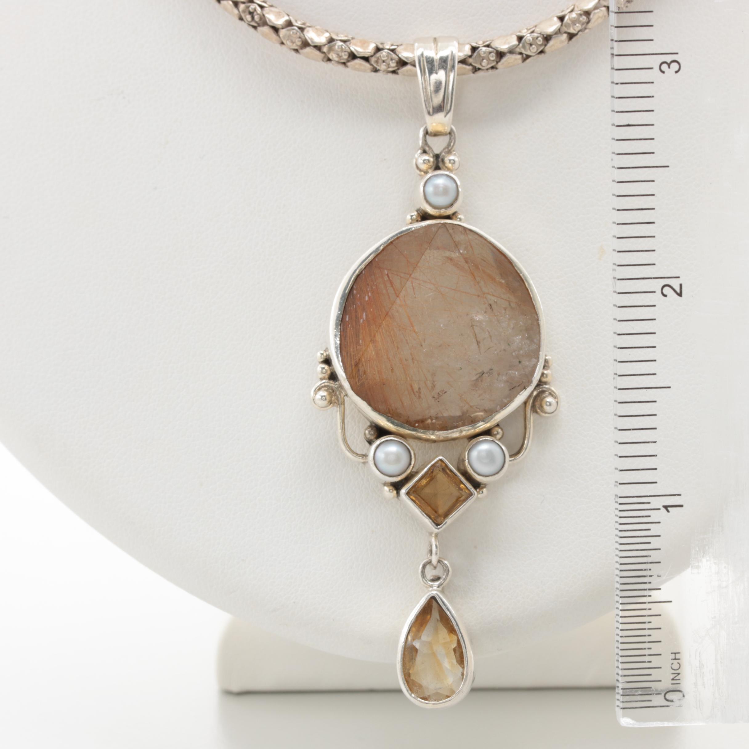 Sterling Silver Rutilated Quartz, Citrine and Cultured Pearl Necklace