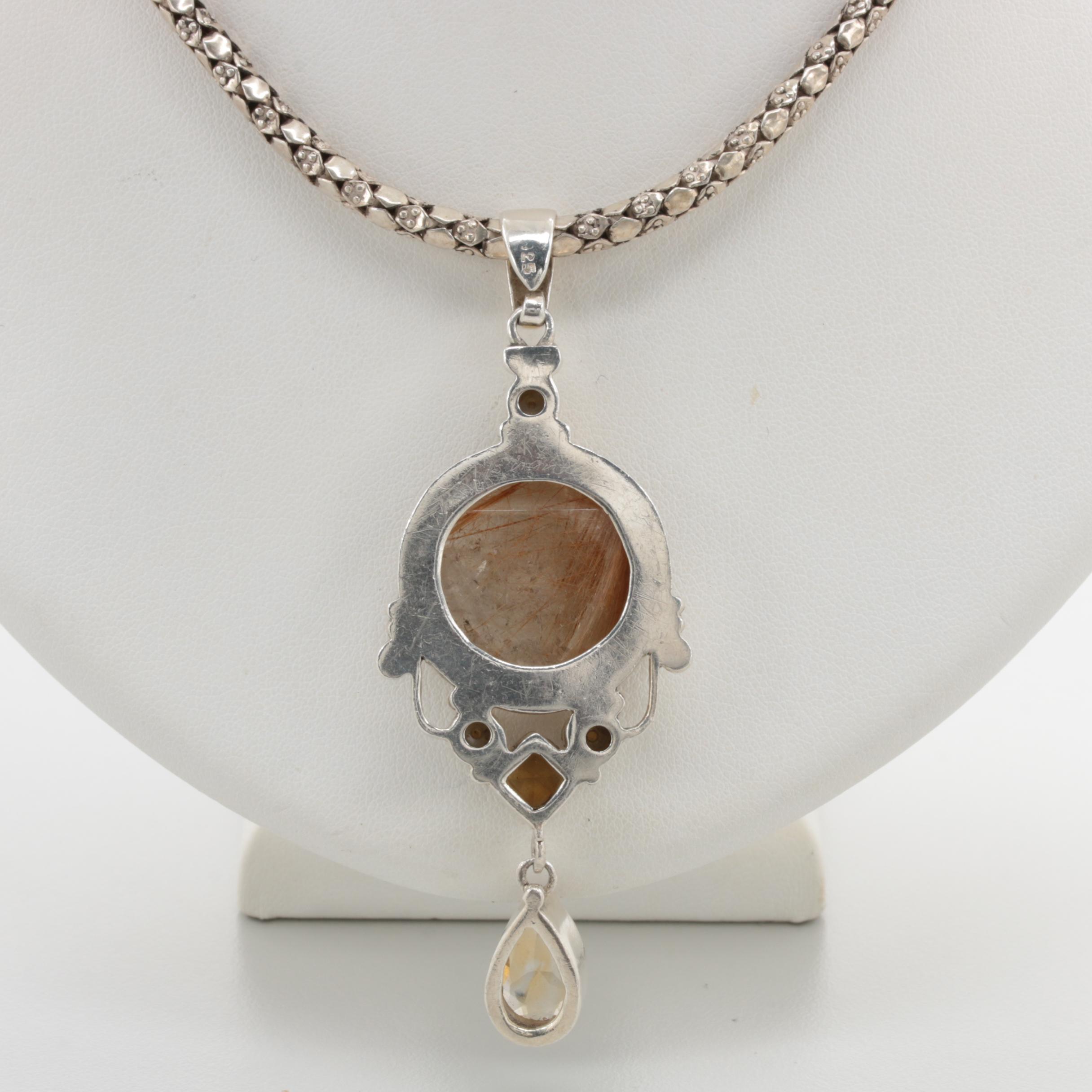 Sterling Silver Rutilated Quartz, Citrine and Cultured Pearl Necklace