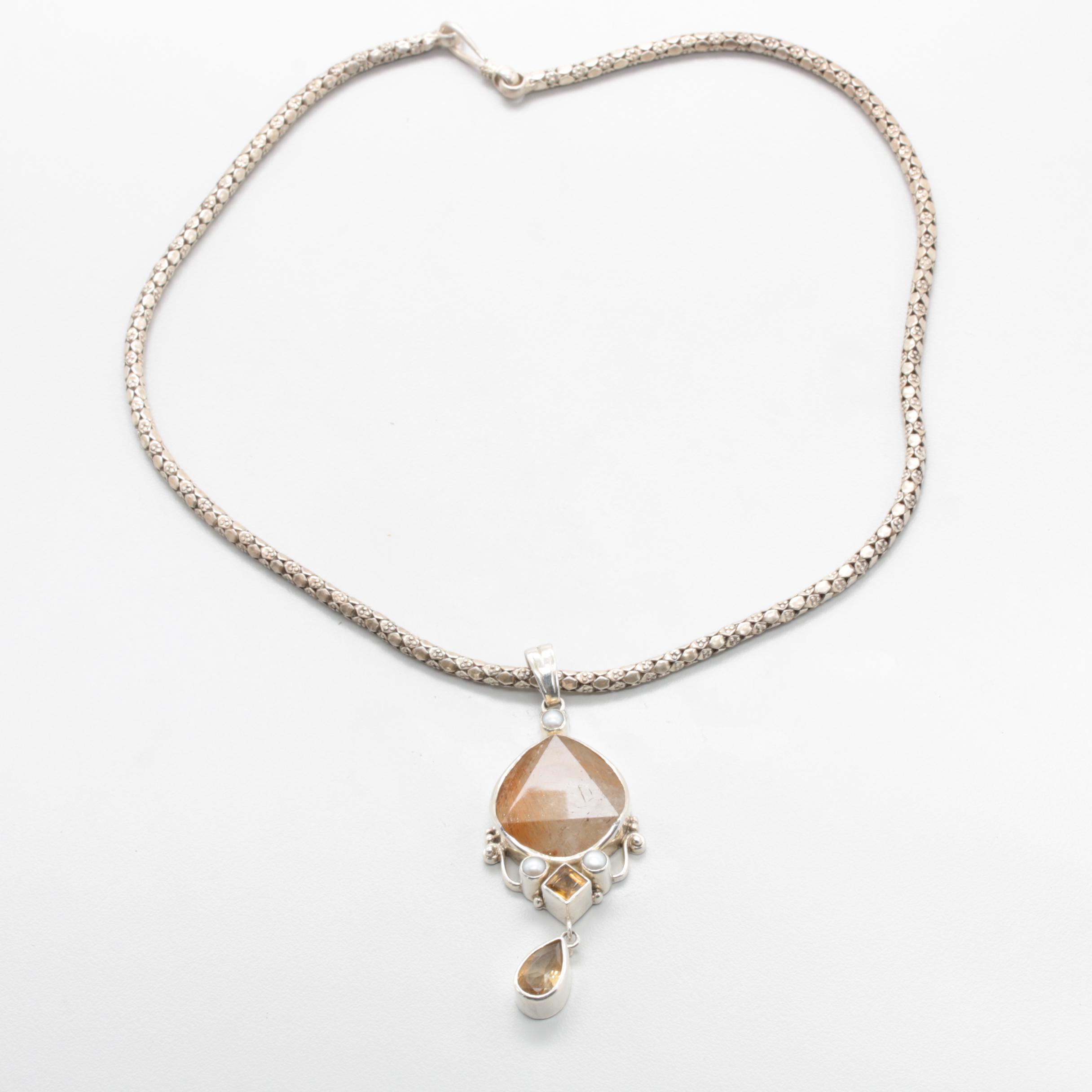 Sterling Silver Rutilated Quartz, Citrine and Cultured Pearl Necklace