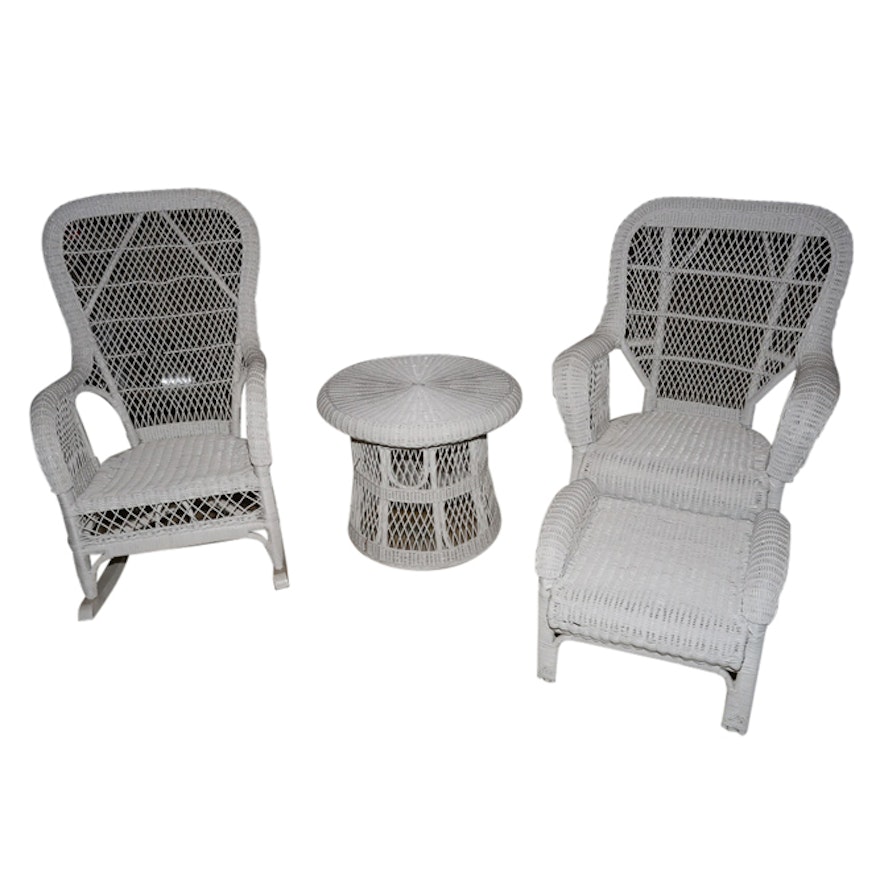 White Wicker Weave Patio Set including Rocking Chair and Armchair