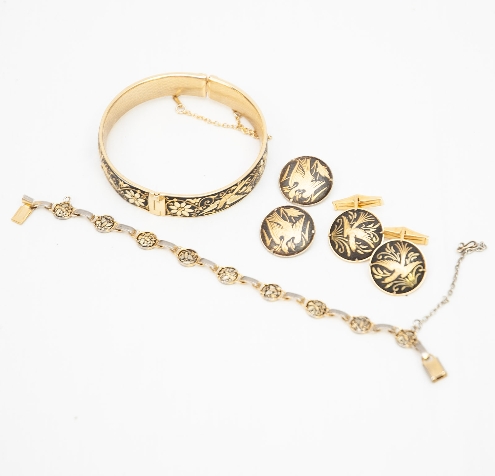 Vintage Gold-Tone and Black Damascene Jewelry