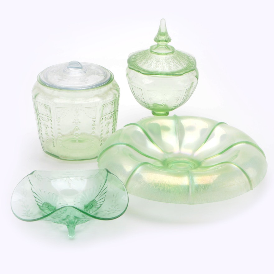 Carnival Glass Centerpiece and Green Depression Serveware