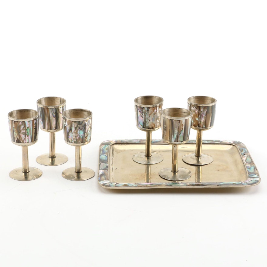 Mexican Metal and Abalone Shell Cordial Cups and Tray