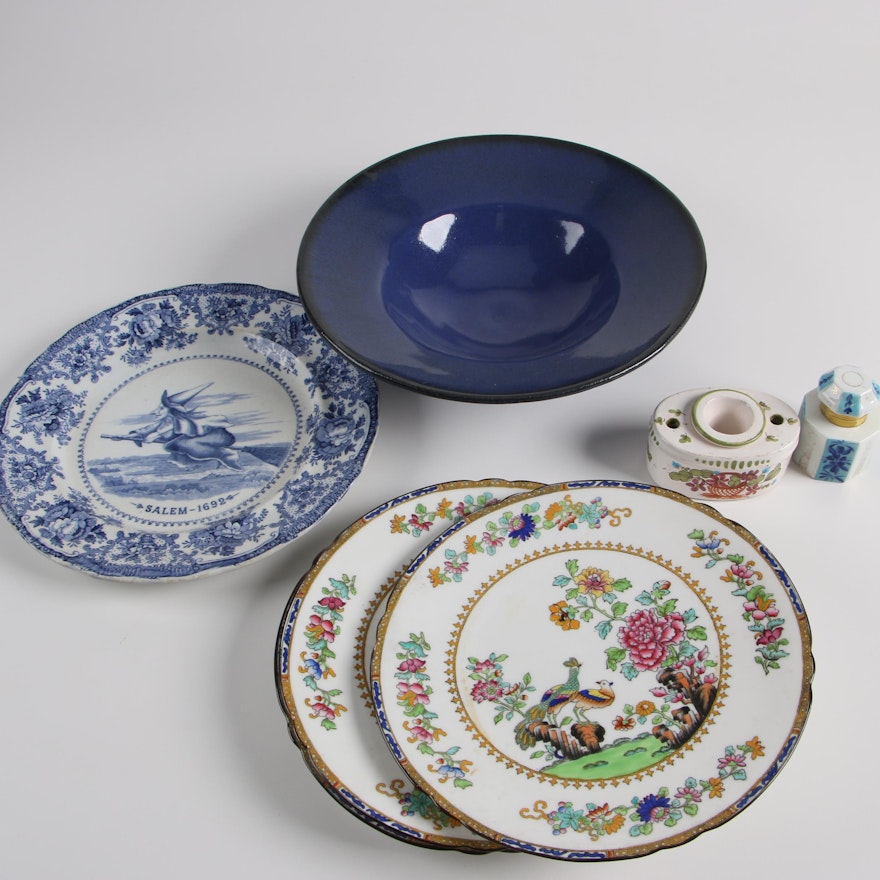 Vintage Copeland Spode "Peacock" Porcelain Plates with Inkwells and Bowls