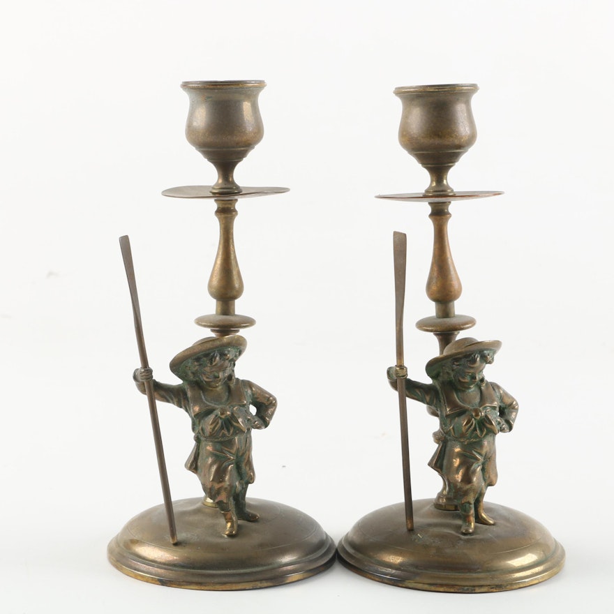 Victorian Style Brass Candlesticks with Figural Accents