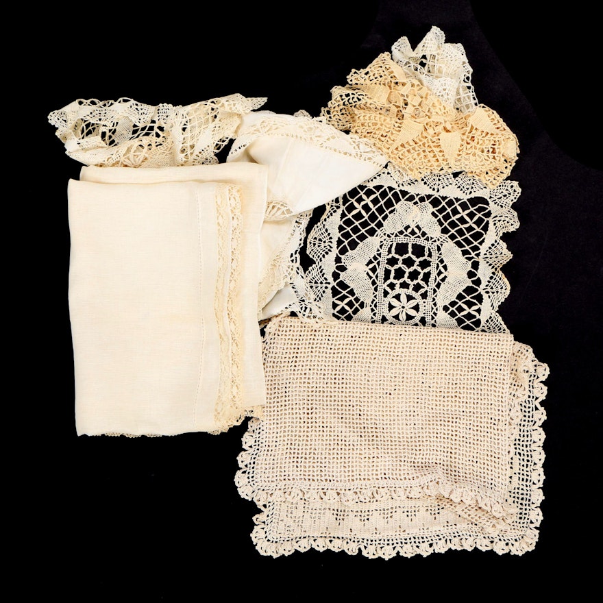 Hand Crocheted Doilies, Pillowcase and Fabric
