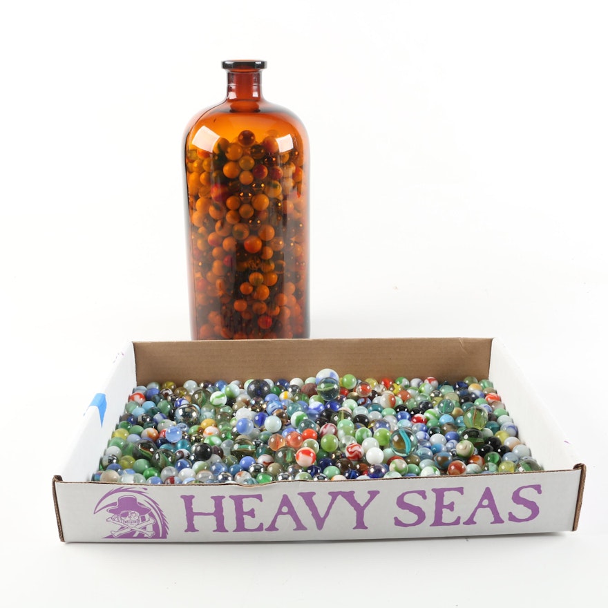 Glass Marbles with Amber Glass Bottle and Box