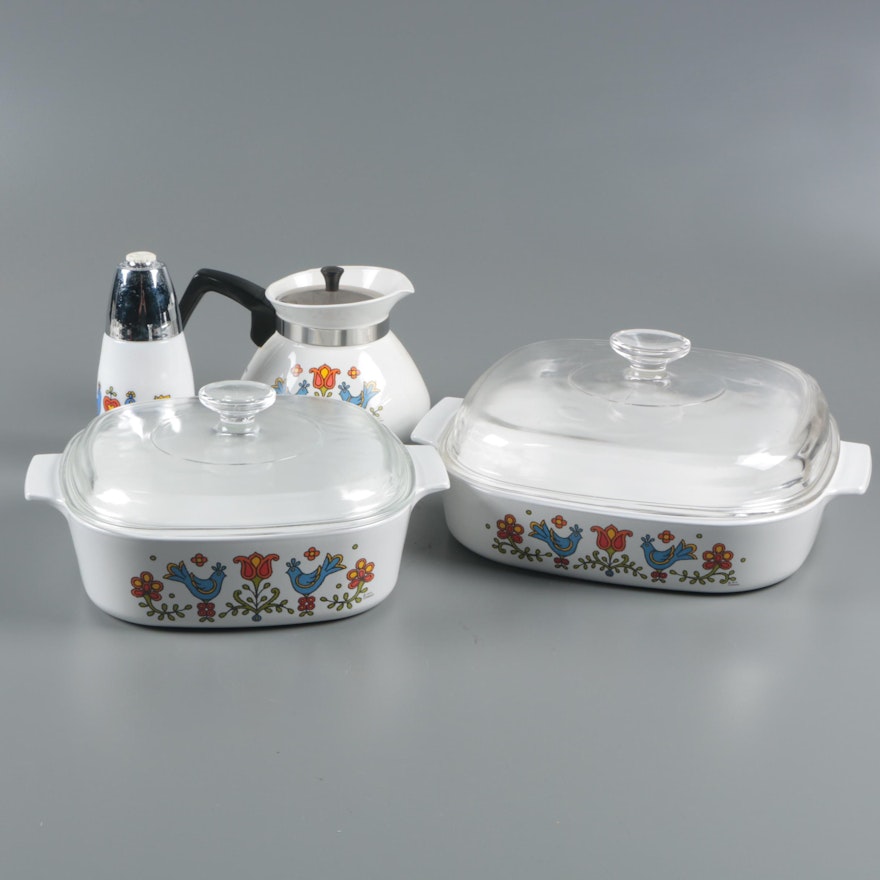 Corning Ware "Country Festival" Casseroles and Coffee Pot with Gemco Shaker