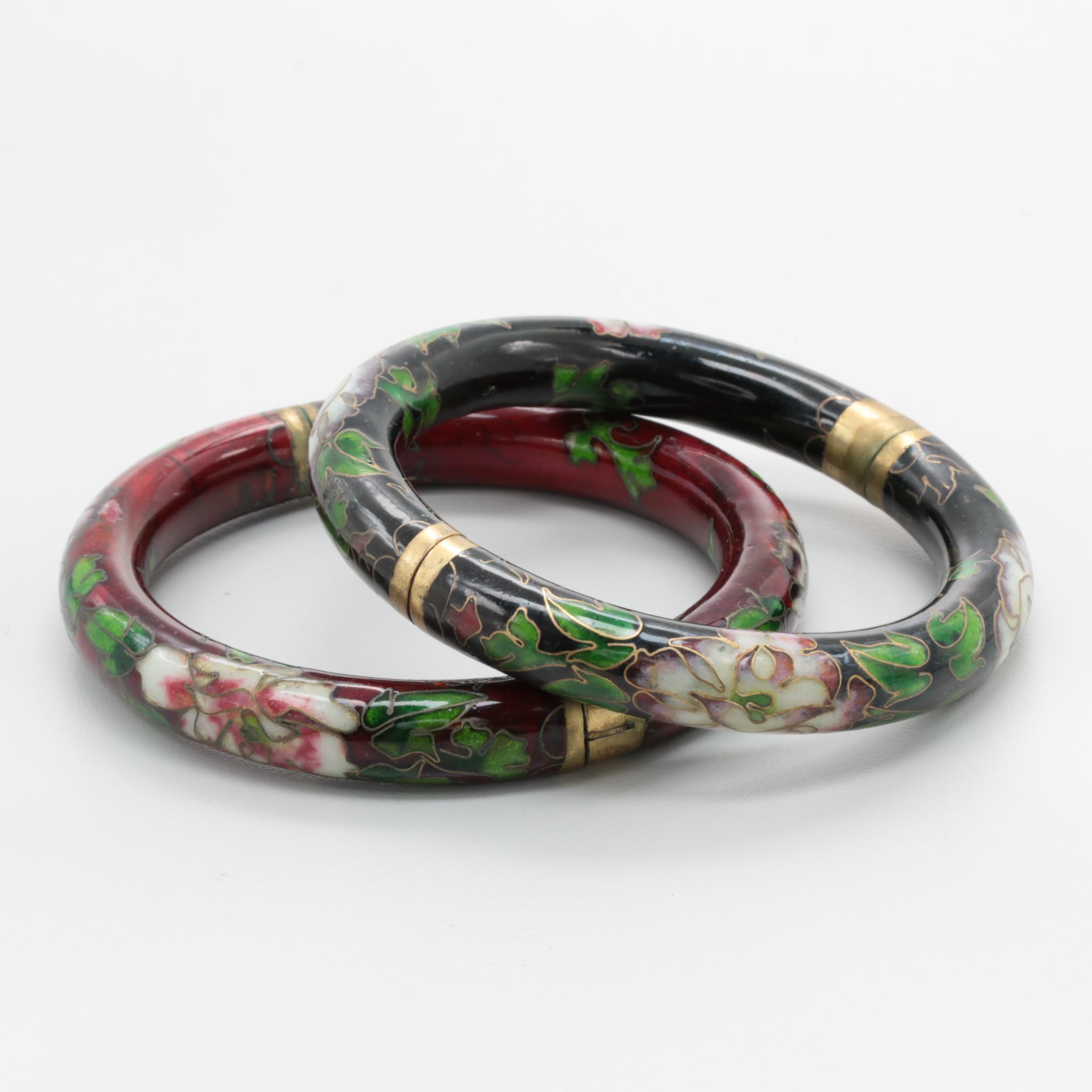 Yellow Gold Tone Metal and Enamel Cloisonné Bracelets
