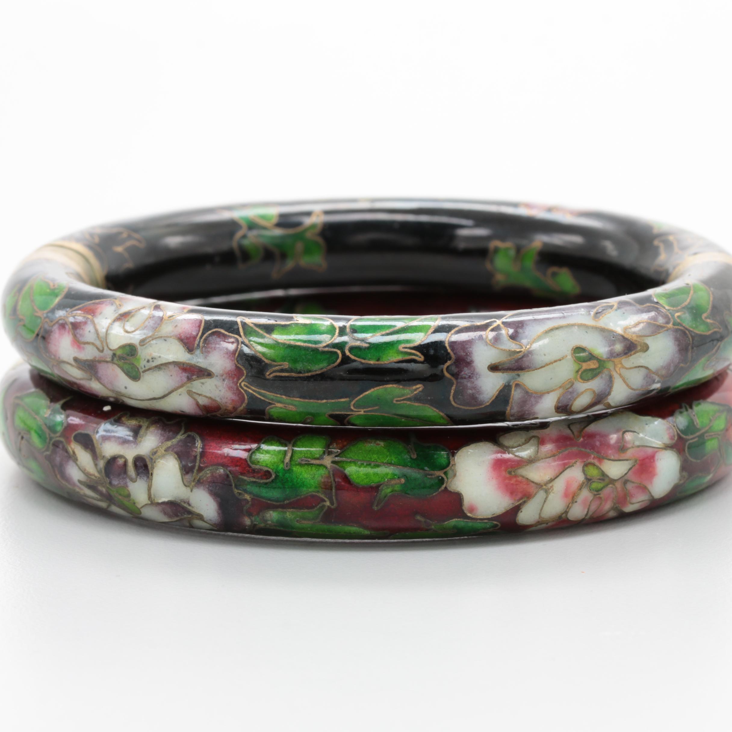 Yellow Gold Tone Metal and Enamel Cloisonné Bracelets