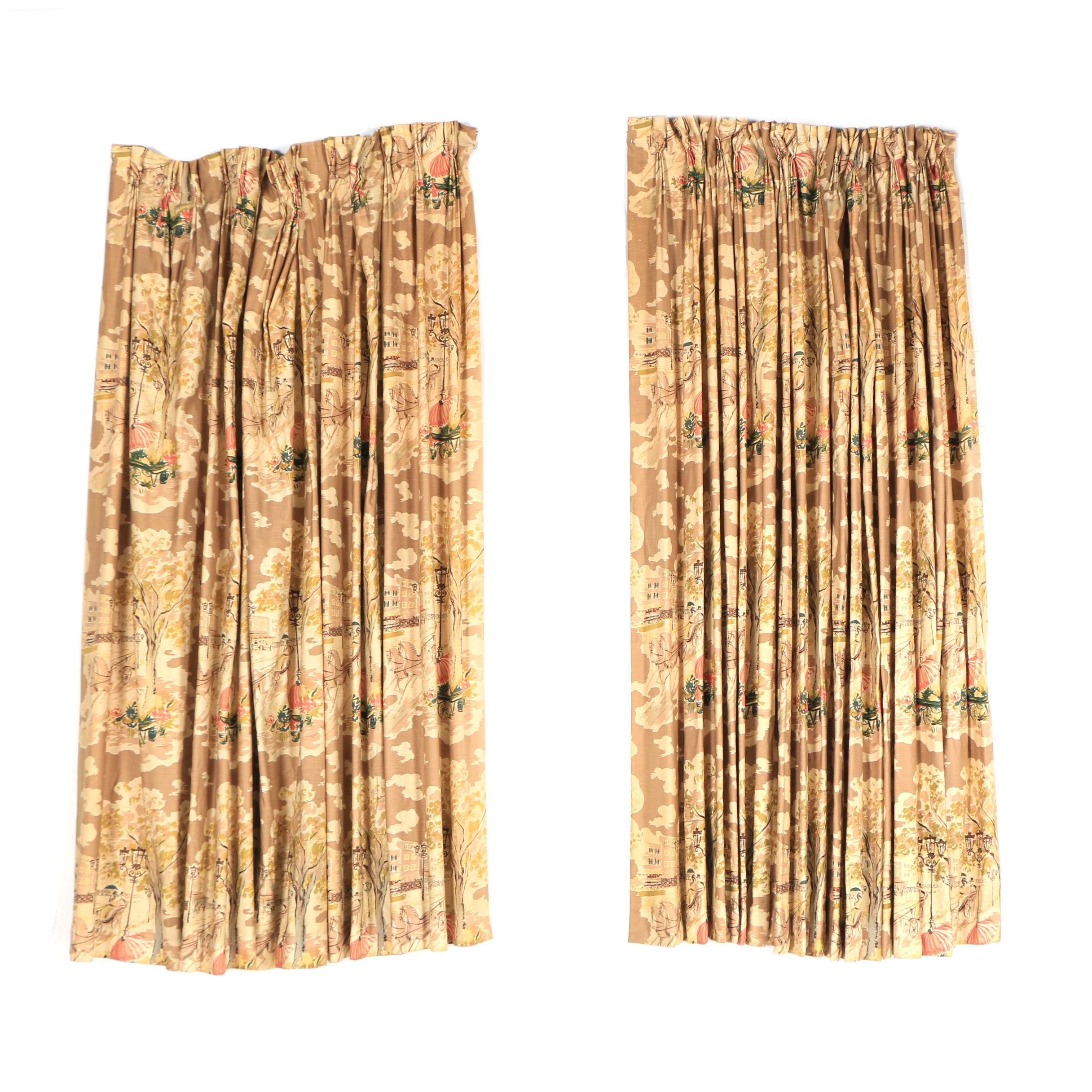 Mid Century Printed Parisian Scene Pinch Pleat Drapes