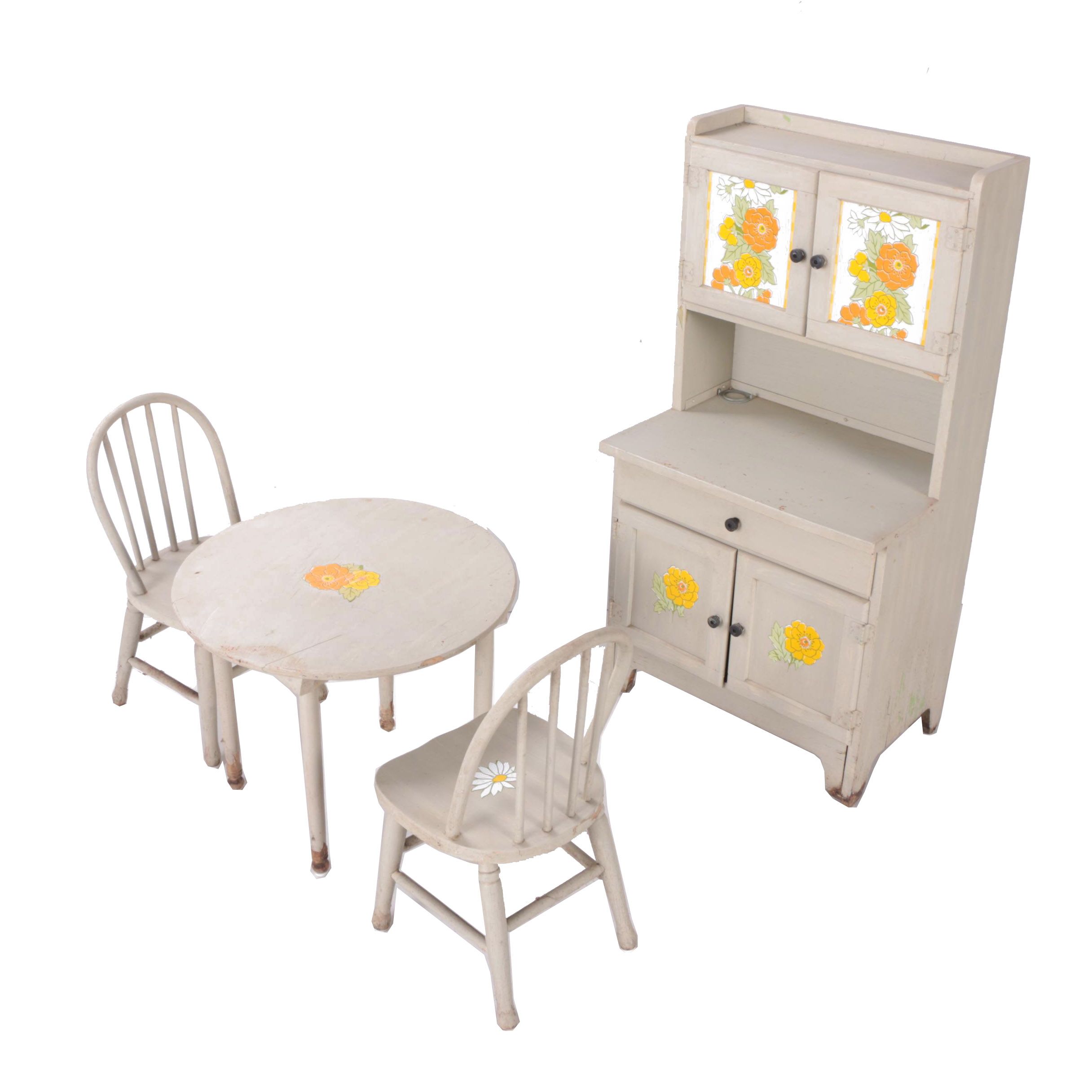Vintage Child's Kitchen with China Cabinet, Table, and Chairs
