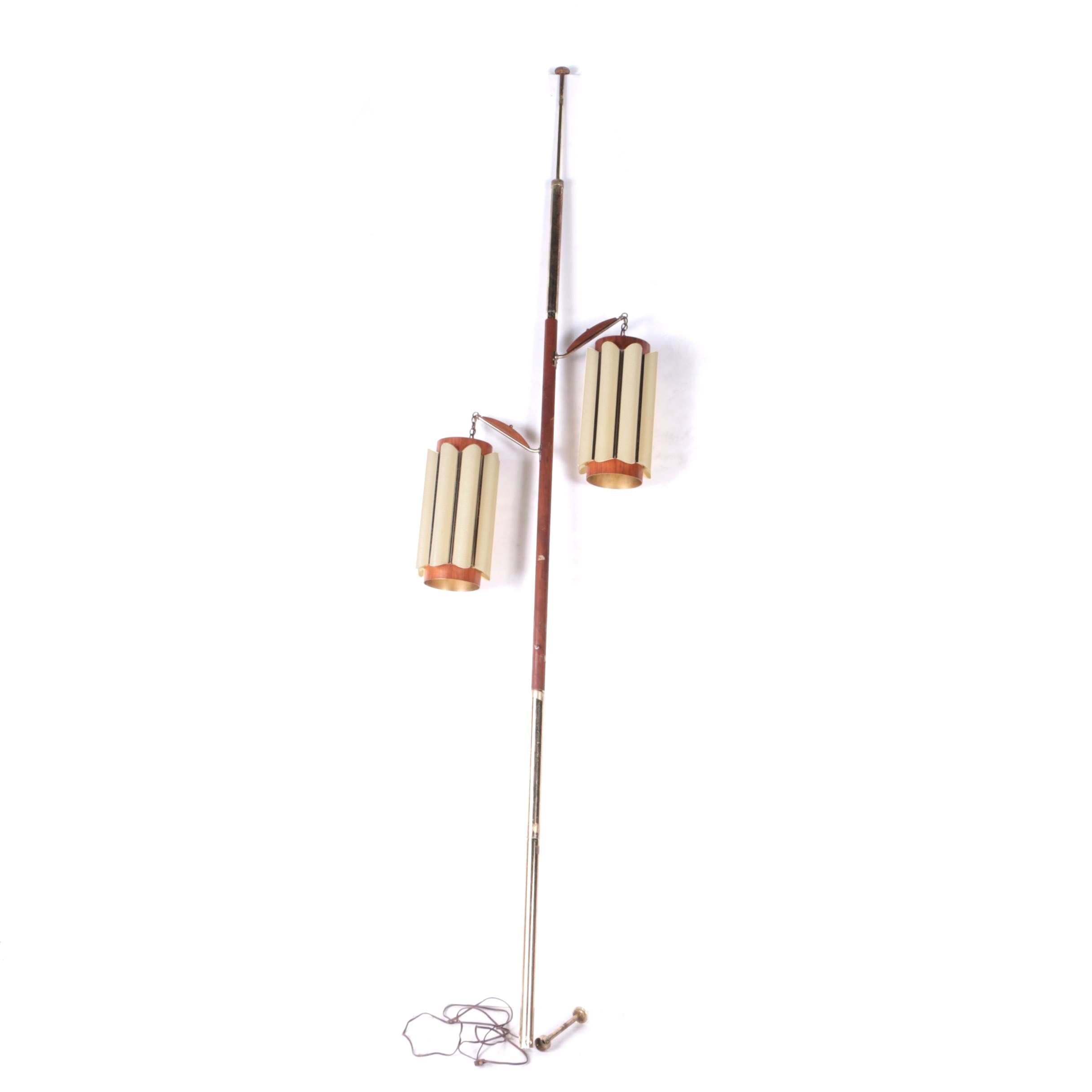 Mid Century Modern Wood and Metal Floor to Ceiling Tension Pole Lamp