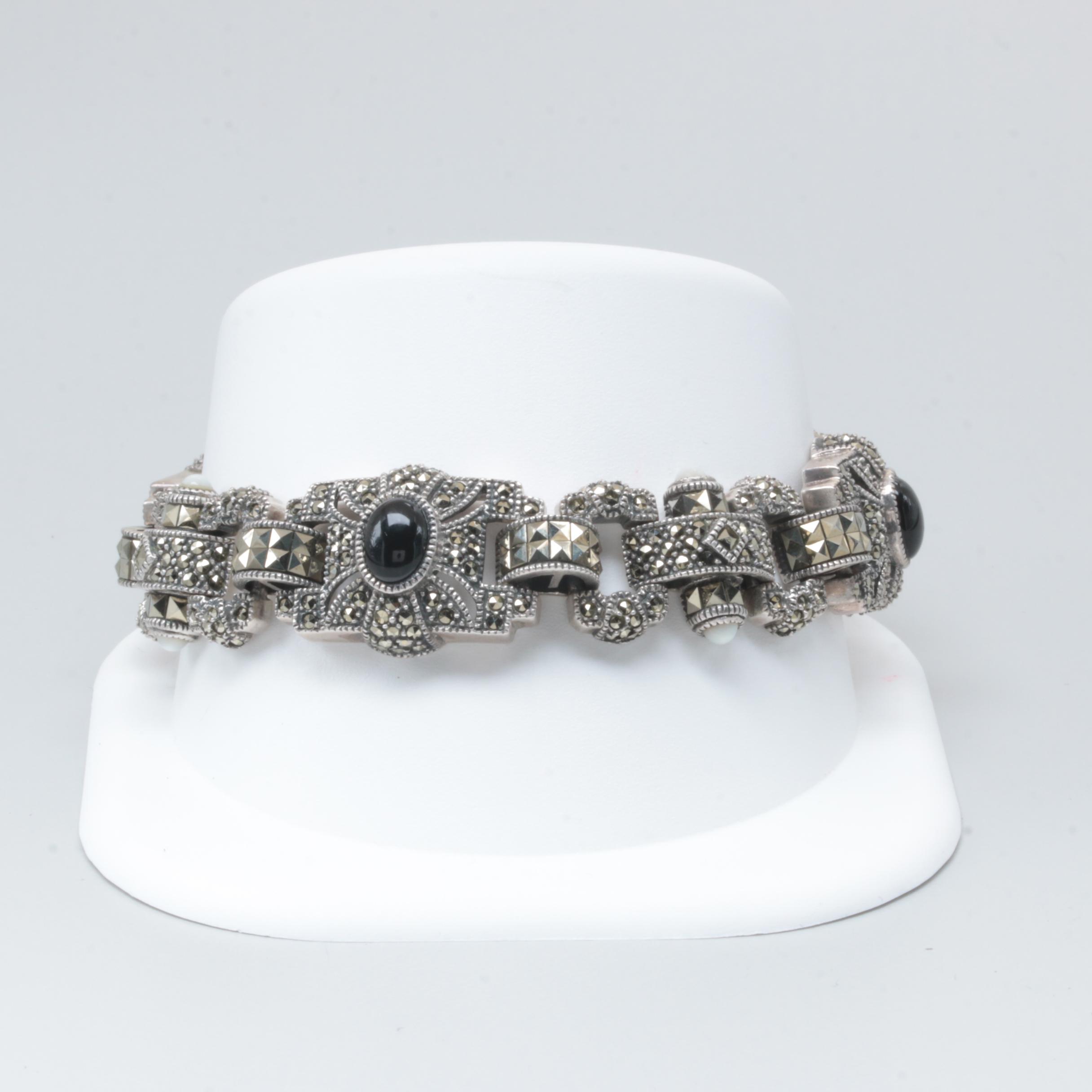 Judith Jack Sterling Silver Black Onyx, Moonstone and Marcasite Bracelet