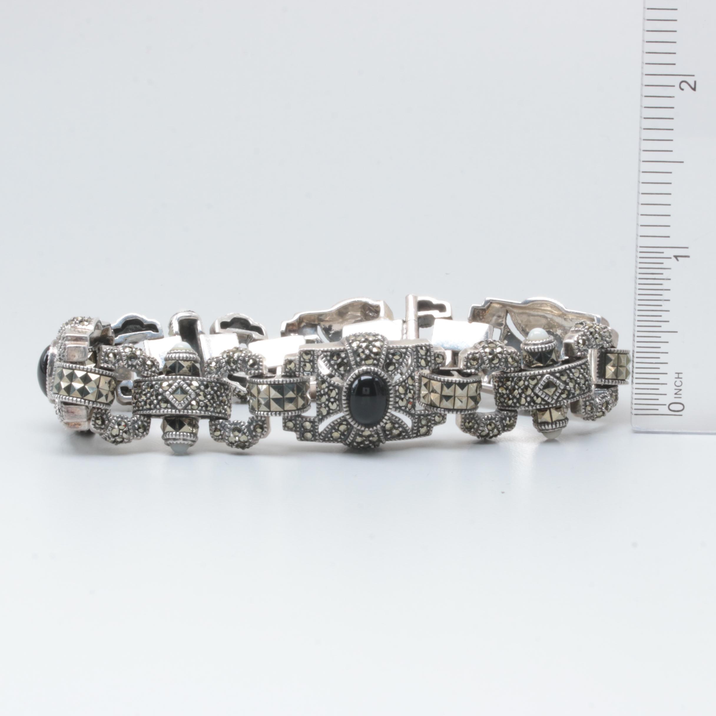 Judith Jack Sterling Silver Black Onyx, Moonstone and Marcasite Bracelet